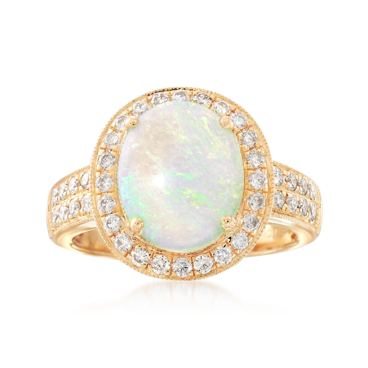 Oval Cabochon Opal and .59 ct. t.w. Diamond Ring in 14kt Yellow Gold ...