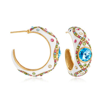 Multicolored Crystal and Blue Swarovski Crystal Hoop Earrings with White  Enamel in 18kt Gold Over Sterling. 1 1/8" | Ross-Simons