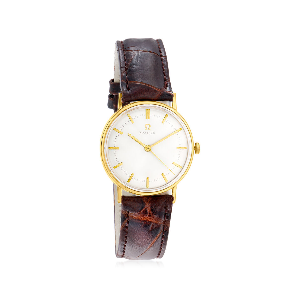 C. 1965 Vintage Omega Men's 32mm 18kt Yellow Gold Watch with Brown Leather  Strap | Ross-Simons