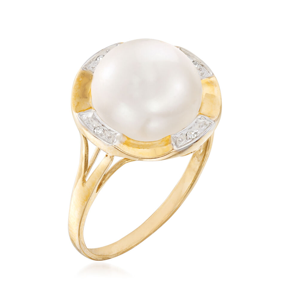 10.5-11mm Cultured Pearl Ring With Diamond Accents in 14kt Yellow Gold ...