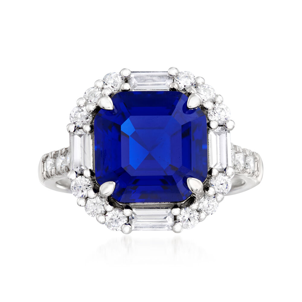 5.00 Carat Simulated Sapphire and 1.00 ct. t.w. CZ Ring in Sterling ...