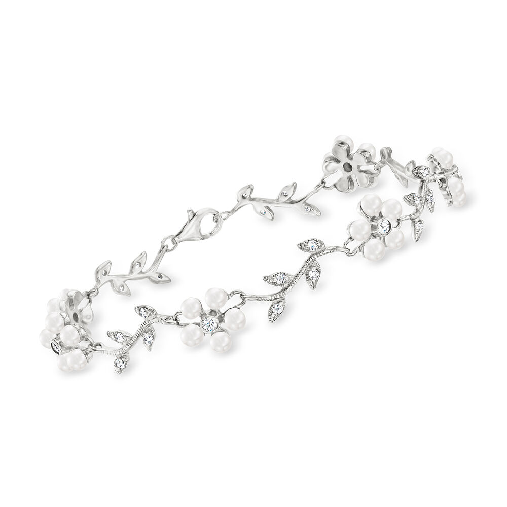 3-3.5mm Cultured Pearl and .60 ct. t.w. CZ Floral Bracelet in Sterling  Silver. 7" | Ross-Simons