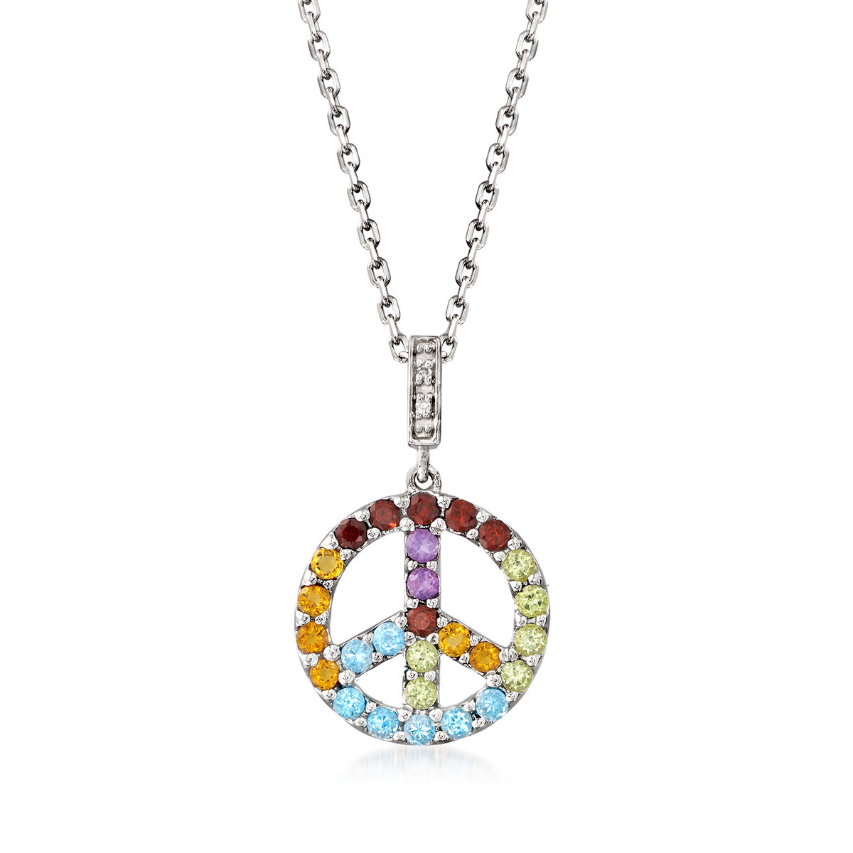 .55 ct. t.w. Multi-Gemstone Peace Sign Pendant Necklace with Diamond  Accents in Sterling Silver | Ross-Simons