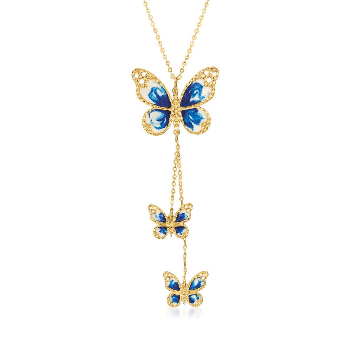 Italian 14kt Yellow Gold Butterfly Necklace with Blue and White Enamel |  Ross-Simons