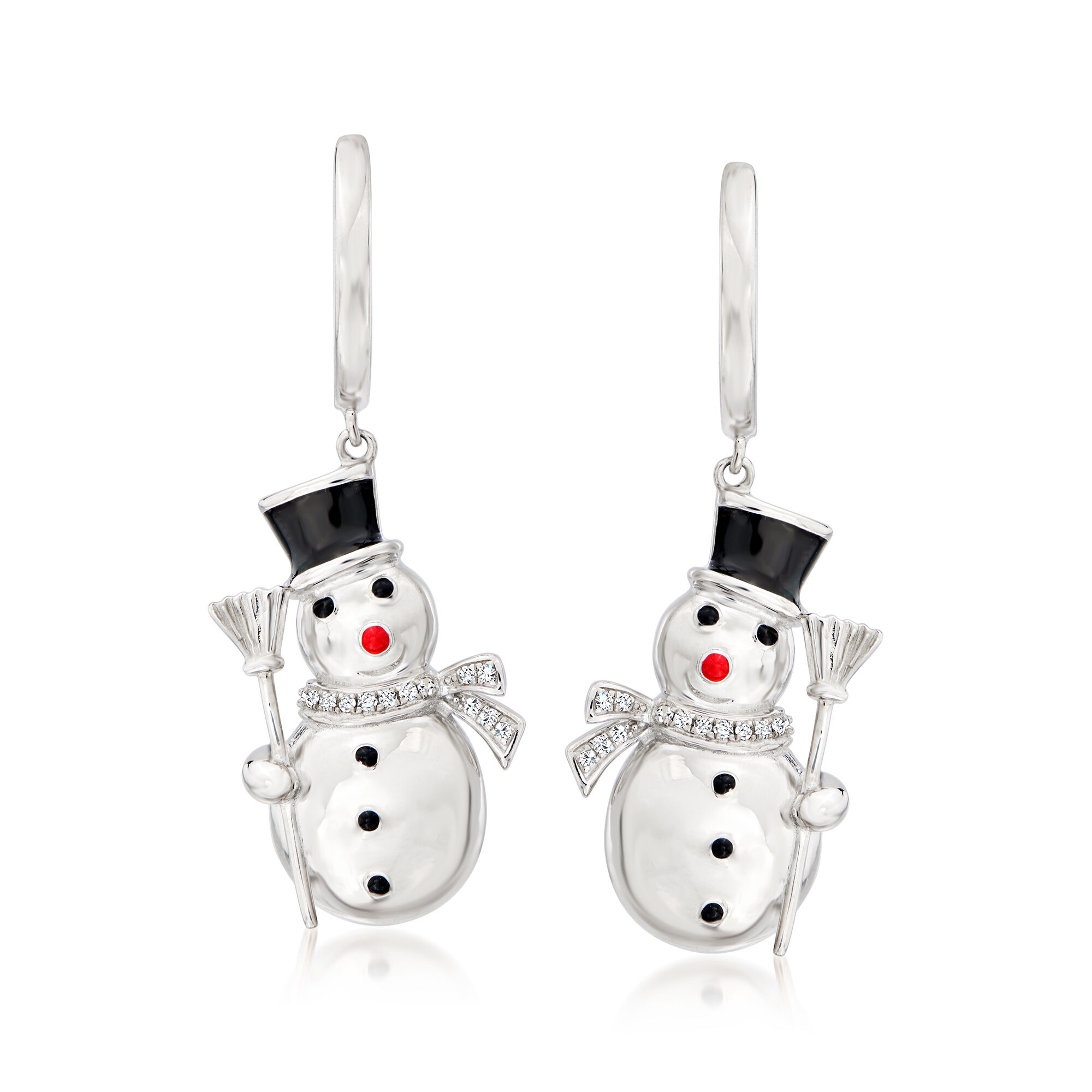 Sterling Silver Snowman Drop Earrings with Diamond Accents and