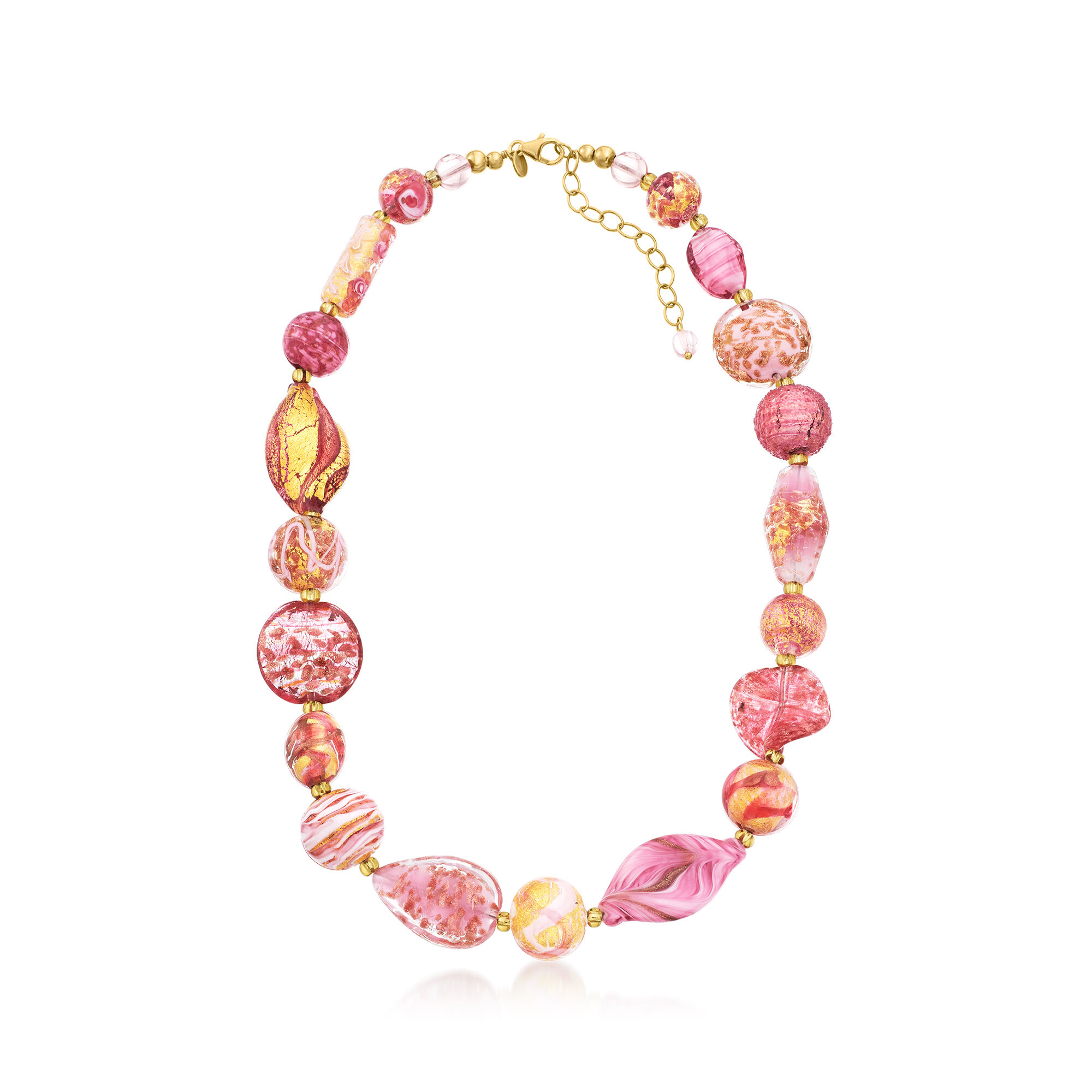 Italian Pink and Gold Murano Glass Bead Necklace in 18kt Gold Over