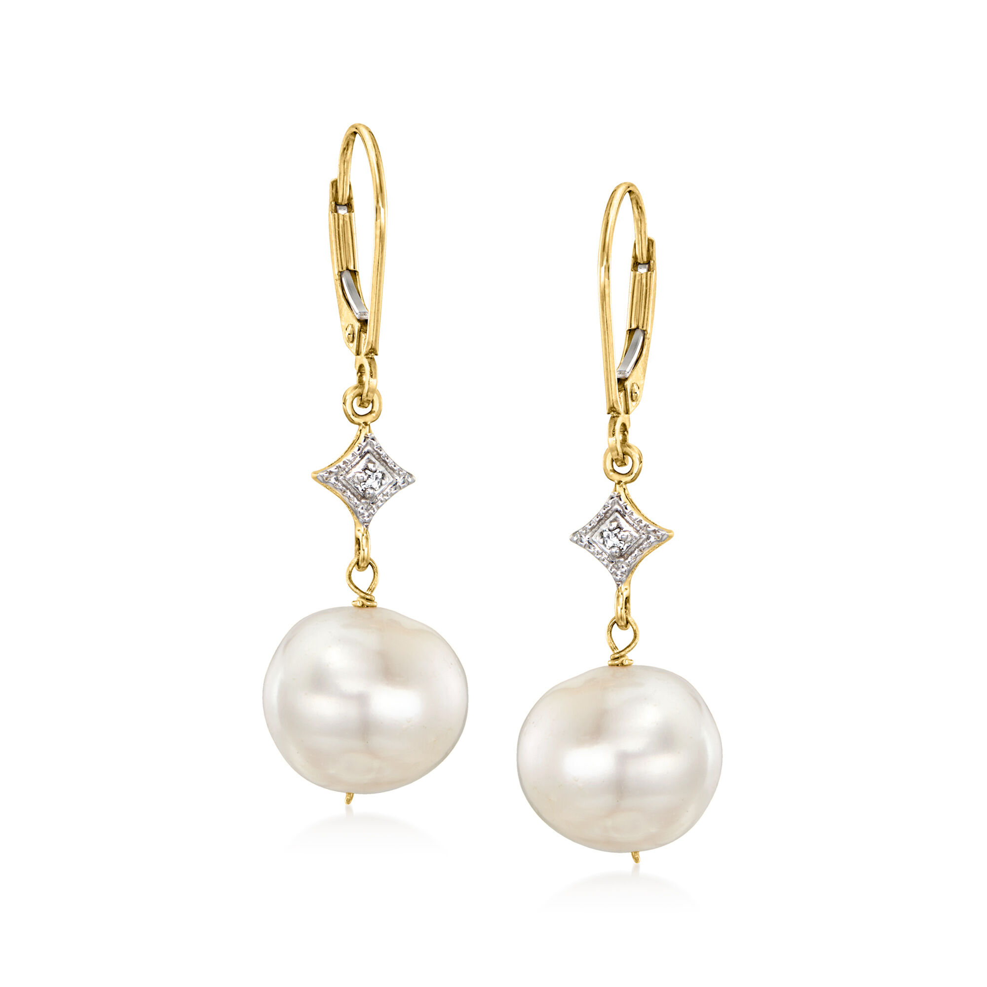 Outlet Cultured Pearl Drop Earrings 14k Yellow Gold Pierced Leverbacks Diamond Accents