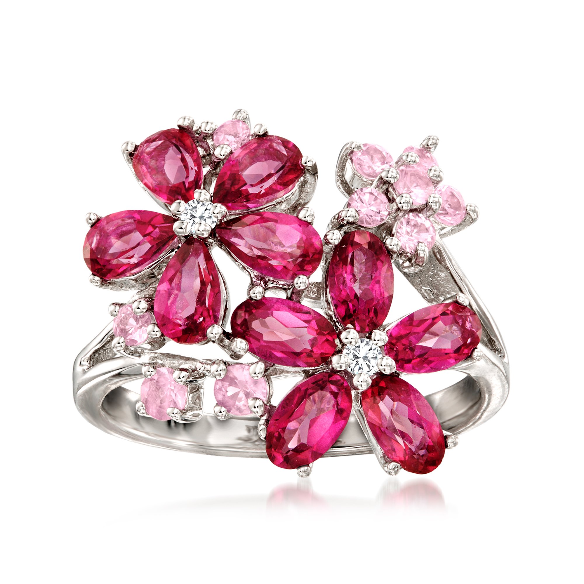 3.23 ct. t.w. Multi-Gemstone Flower Ring with Diamond Accents in Sterling  Silver