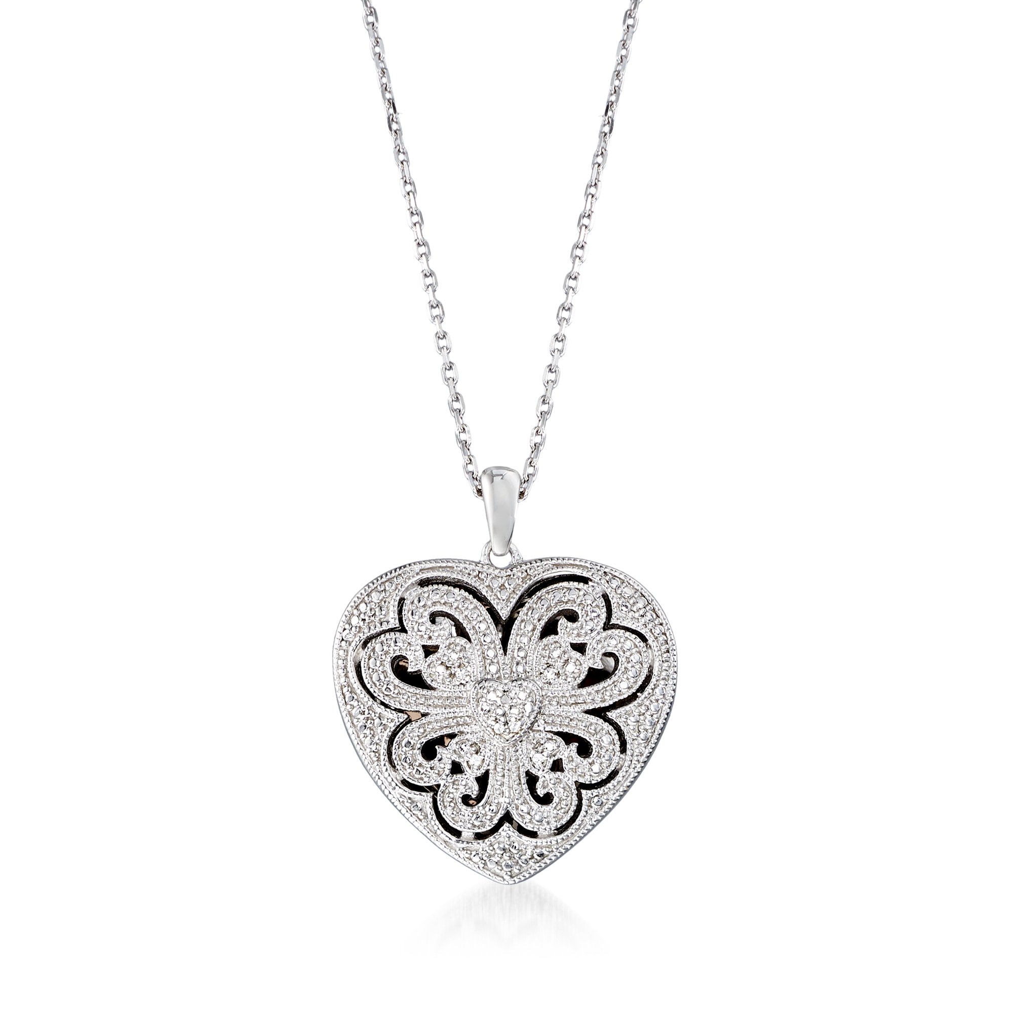 Sterling Silver Scrolled Heart Locket Necklace with Diamond