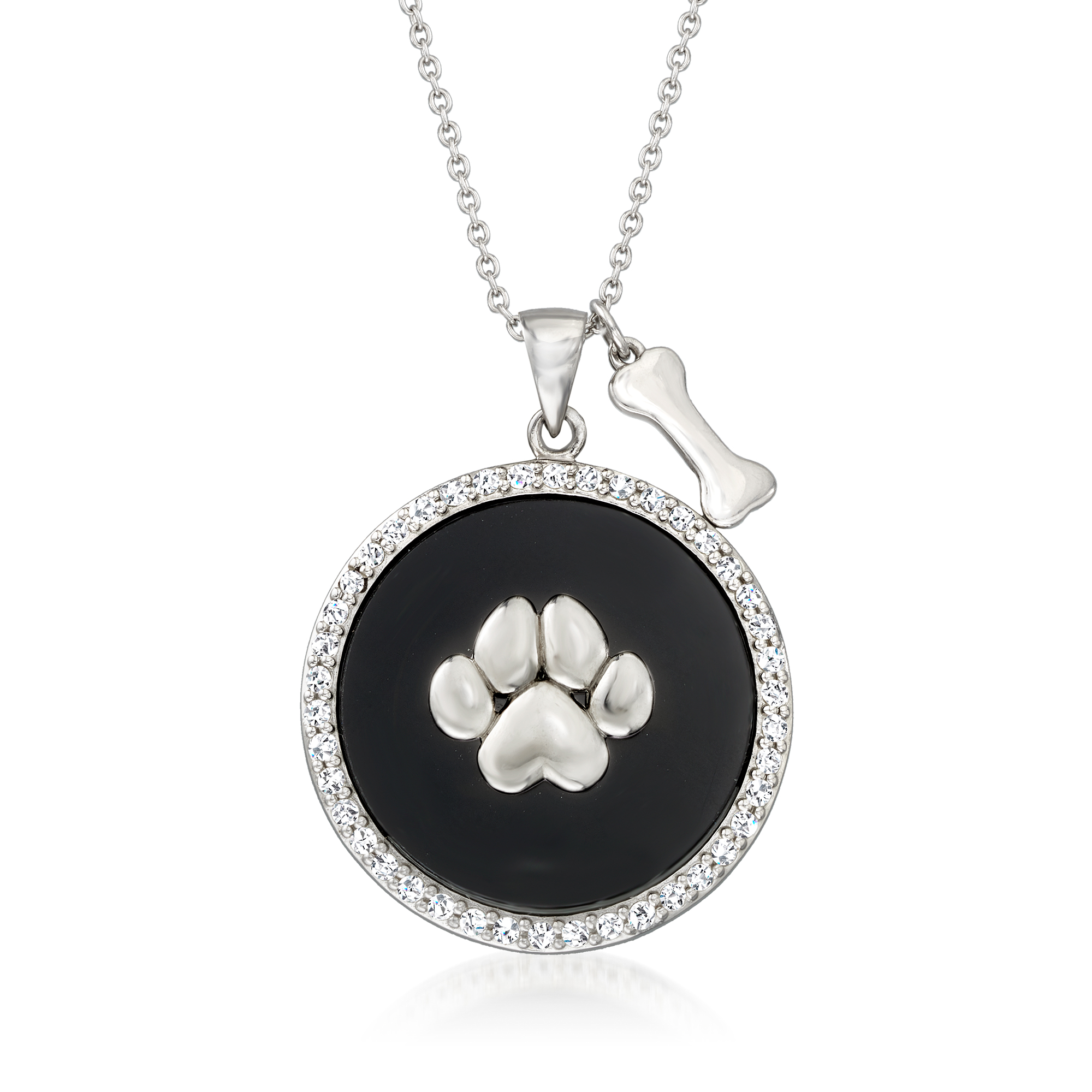 Black Onyx and .71 ct. t.w. White Topaz Paw Print Pendant Necklace in Sterling  Silver