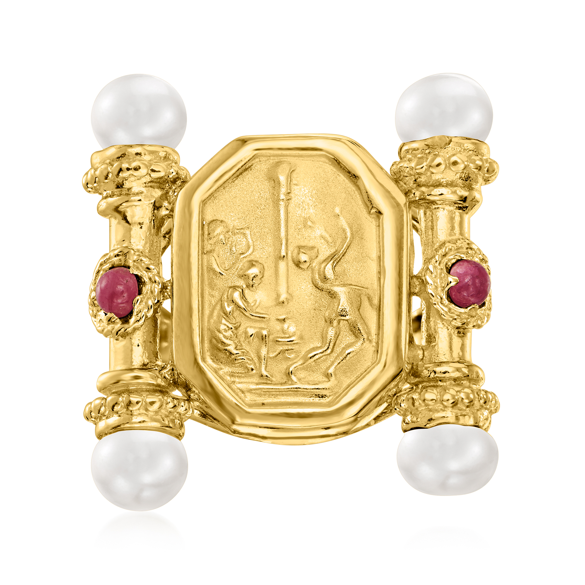 Italian Tagliamonte 5-5.5mm Cultured Pearl and .40 ct. t.w. Ruby Cameo-Style  Ring in 18kt Gold Over Sterling | Ross-Simons