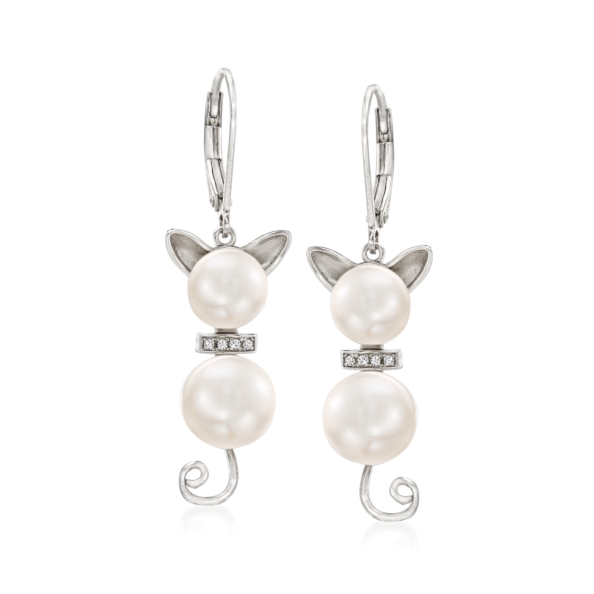 7.5-9mm Cultured Pearl and Diamond-Accented Cat Drop Earrings in