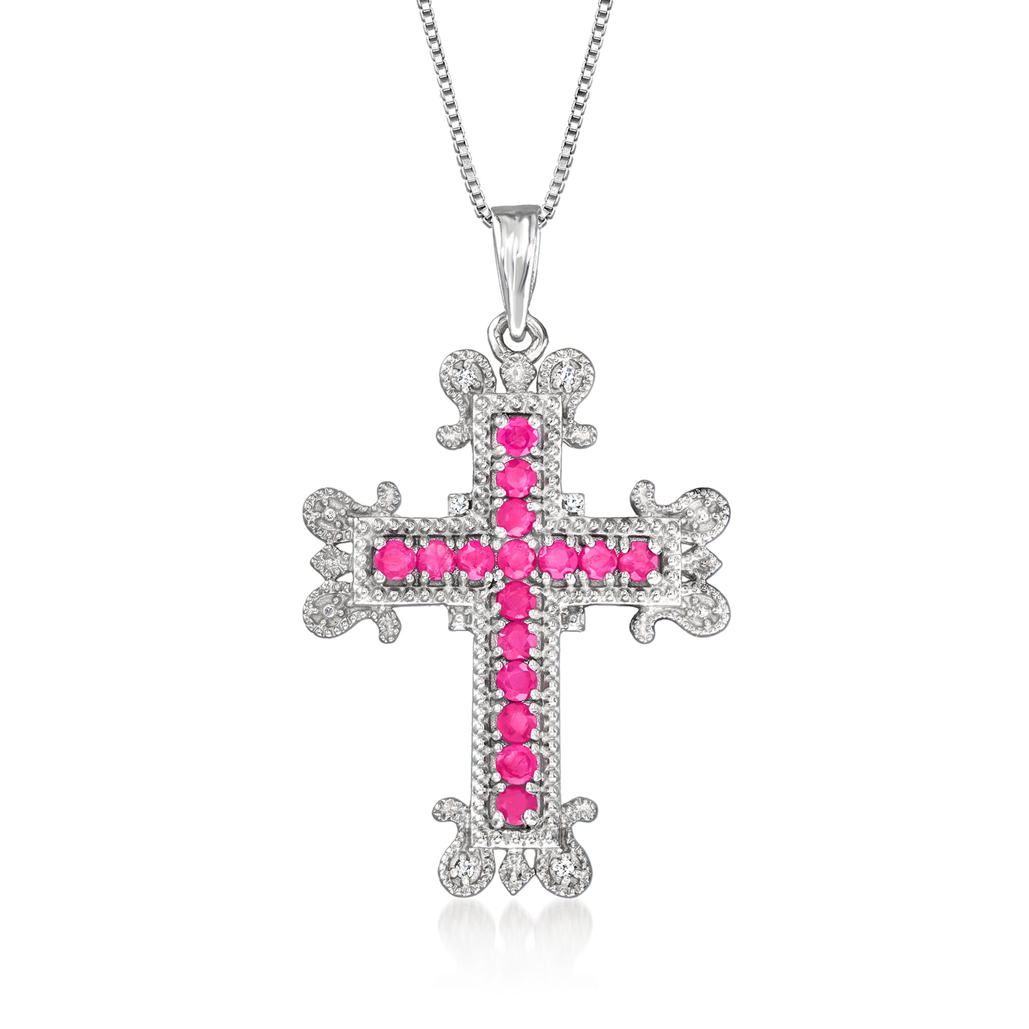 1.10 ct. t.w. Ruby Cross Pendant Necklace with Diamond Accents in Sterling  Silver. 18