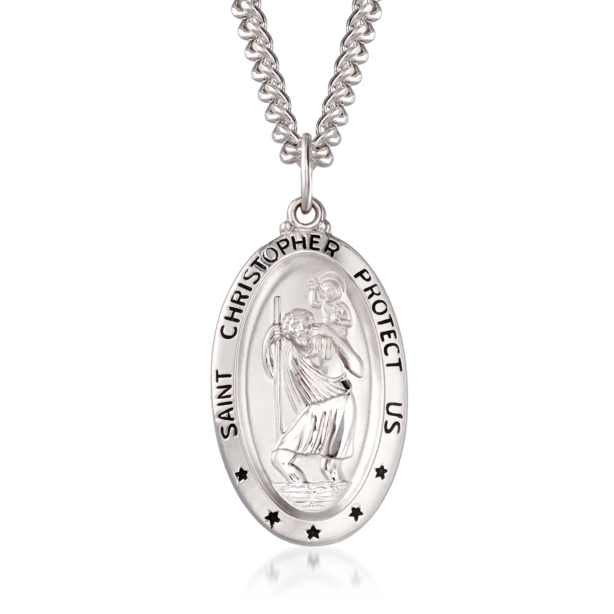 Men's Sterling Silver Saint Christopher Oval Medal with Stainless Steel  Chain. 24" | Ross-Simons