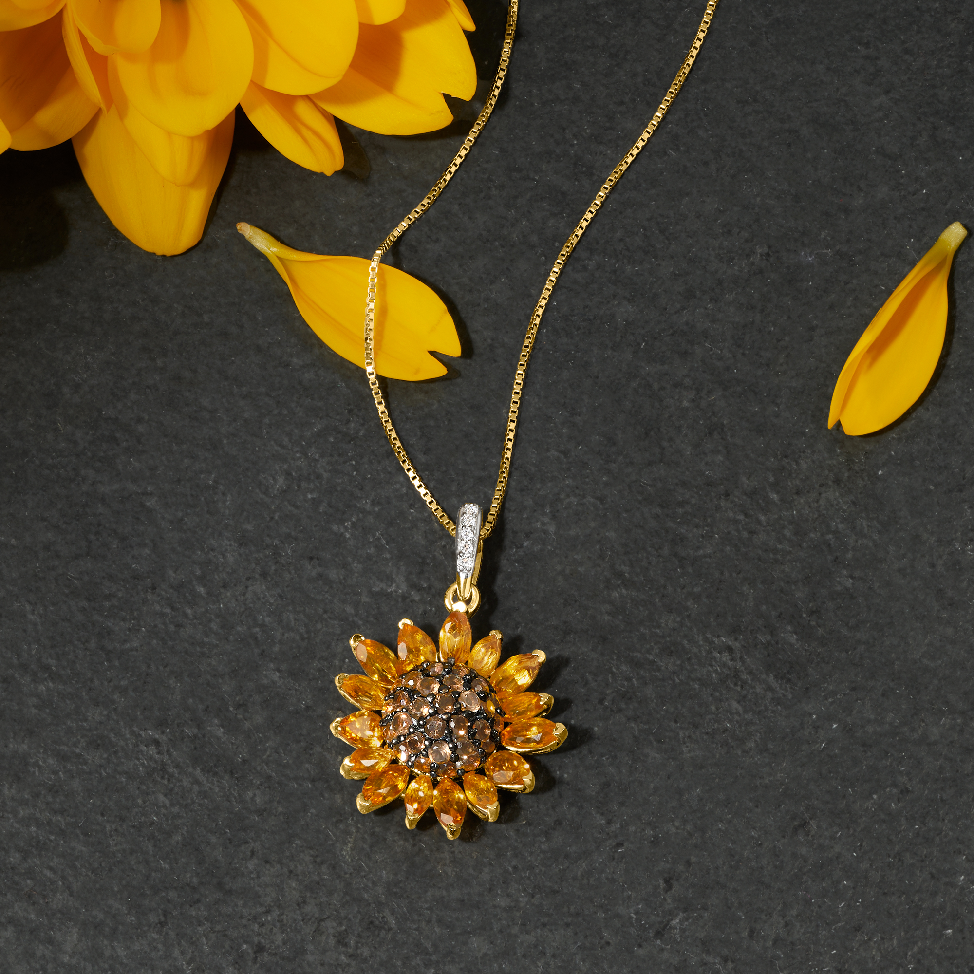 1.70 ct. t.w. Citrine and .80 ct. t.w. Smoky Quartz and .10 ct. t.w. White  Topaz Sunflower Pendant Necklace in 18kt Gold Over Sterling. 18