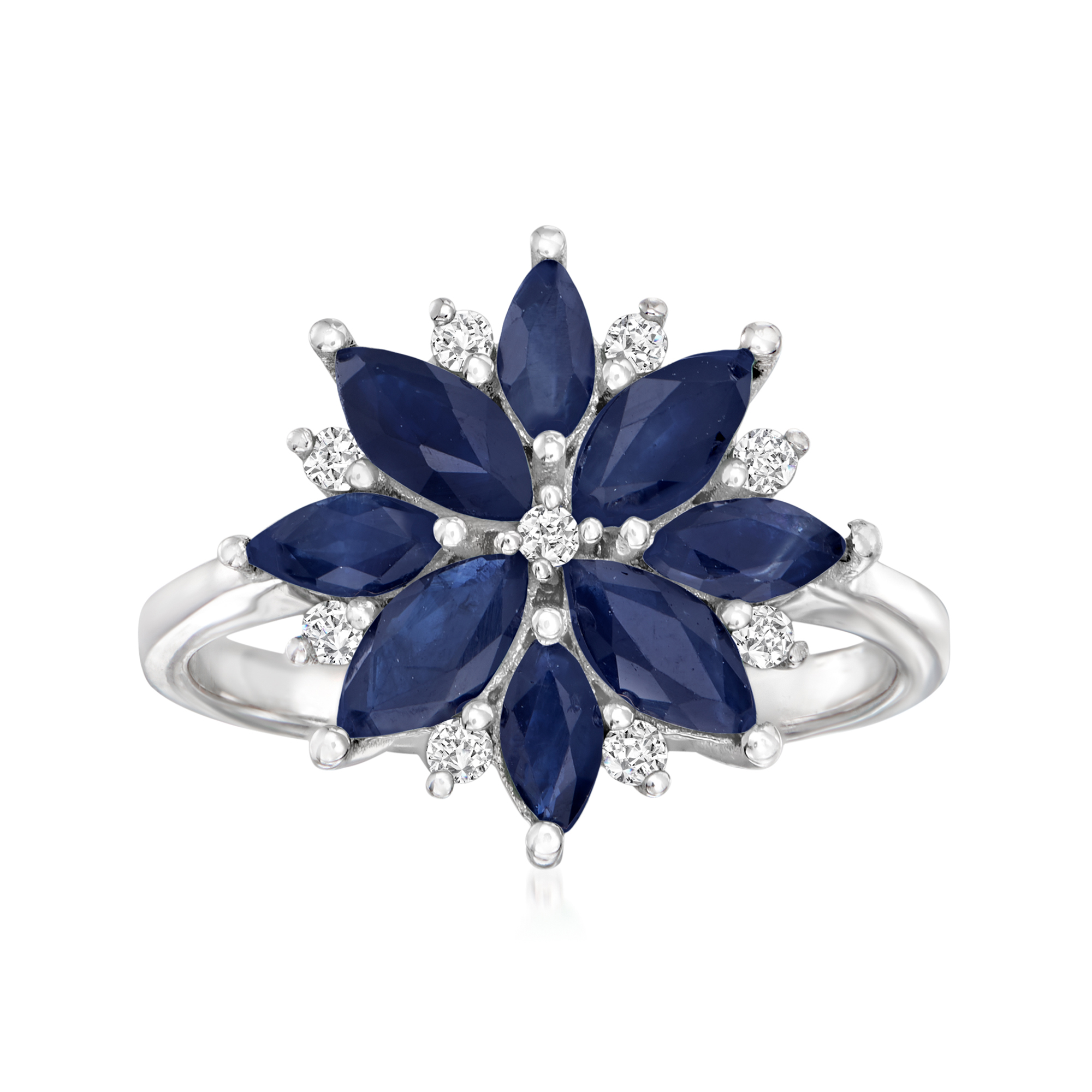 1.50 ct. t.w. Sapphire Flower Ring with .11 ct. t.w. Diamonds in Sterling  Silver | Ross-Simons