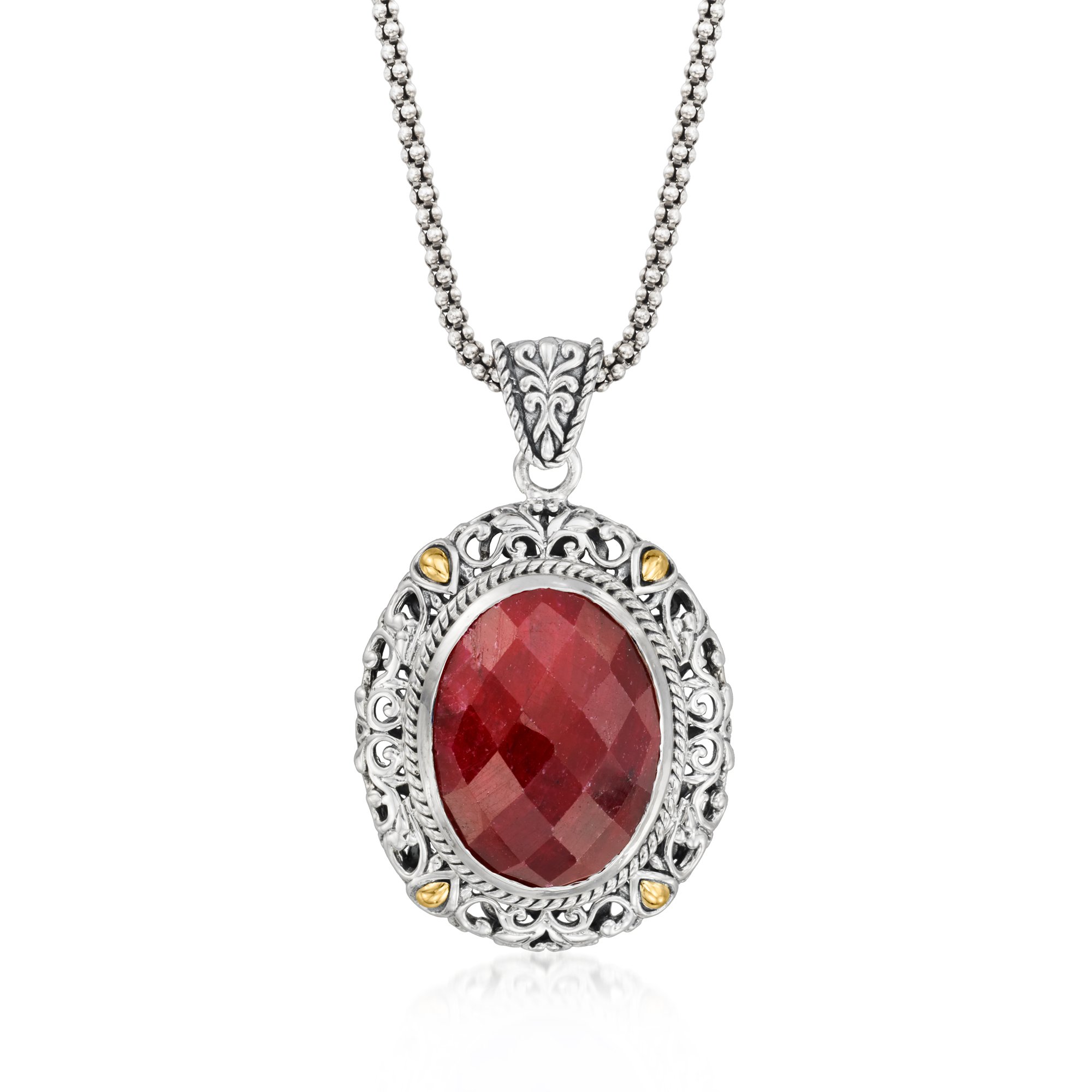 18.00 Carat Ruby Bali-Style Pendant Necklace in Sterling Silver with 18kt  Yellow Gold. 18