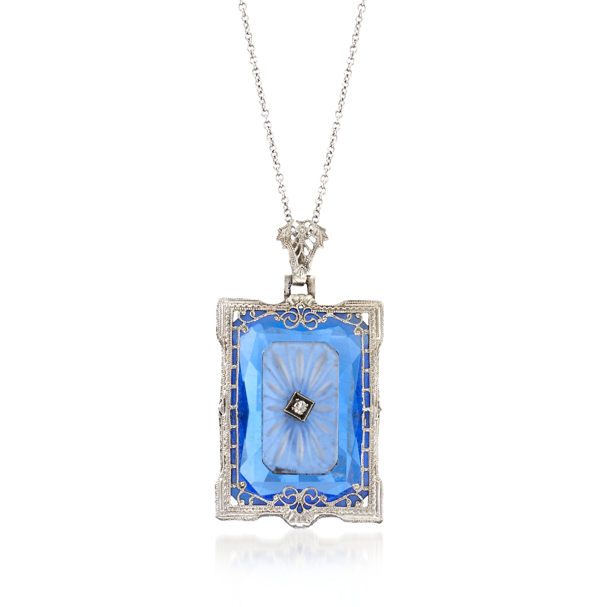 C. 1950 Vintage Engraved Rock Crystal and Blue Glass Pendant