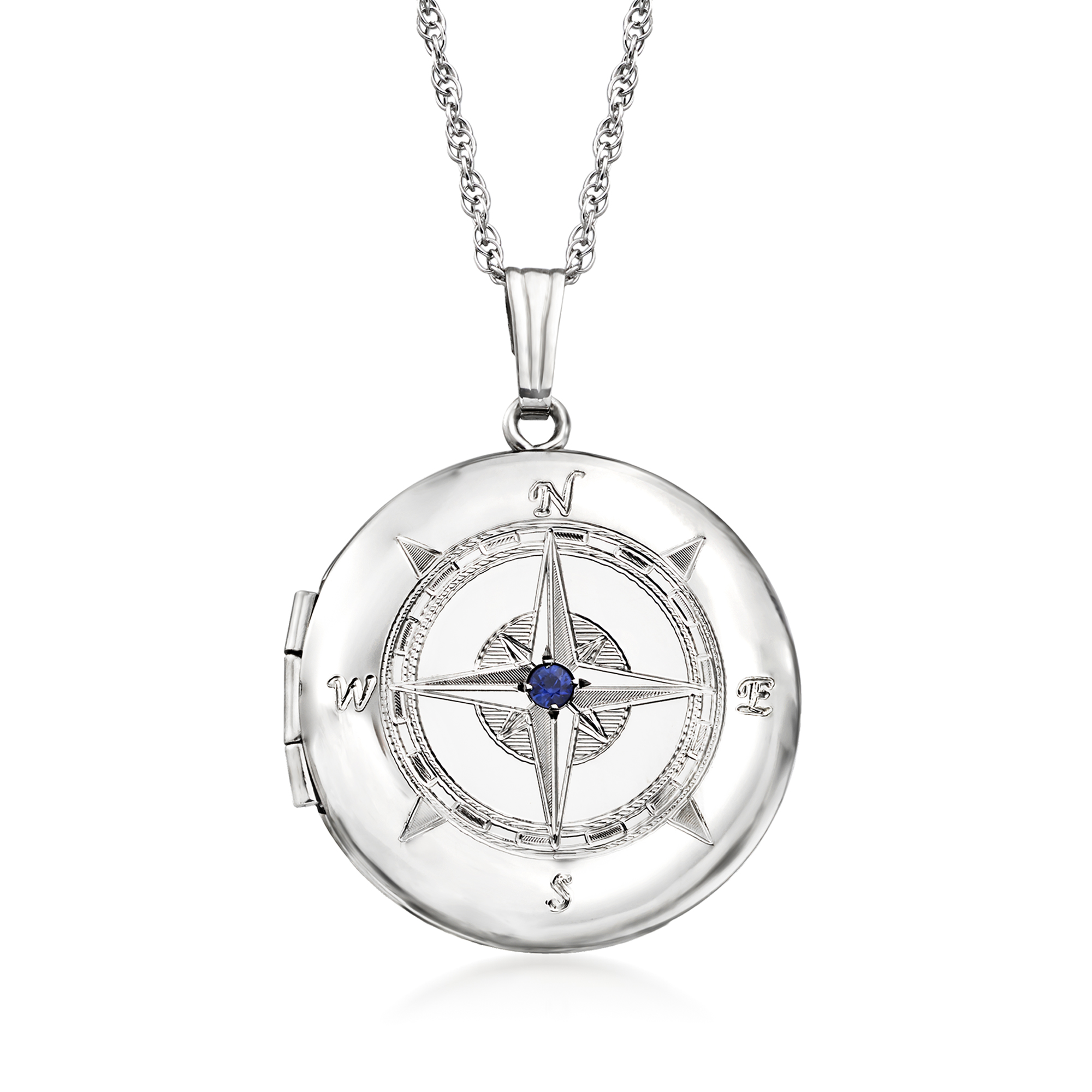 Sterling Silver Compass Locket Necklace with Sapphire Accent | Ross-Simons
