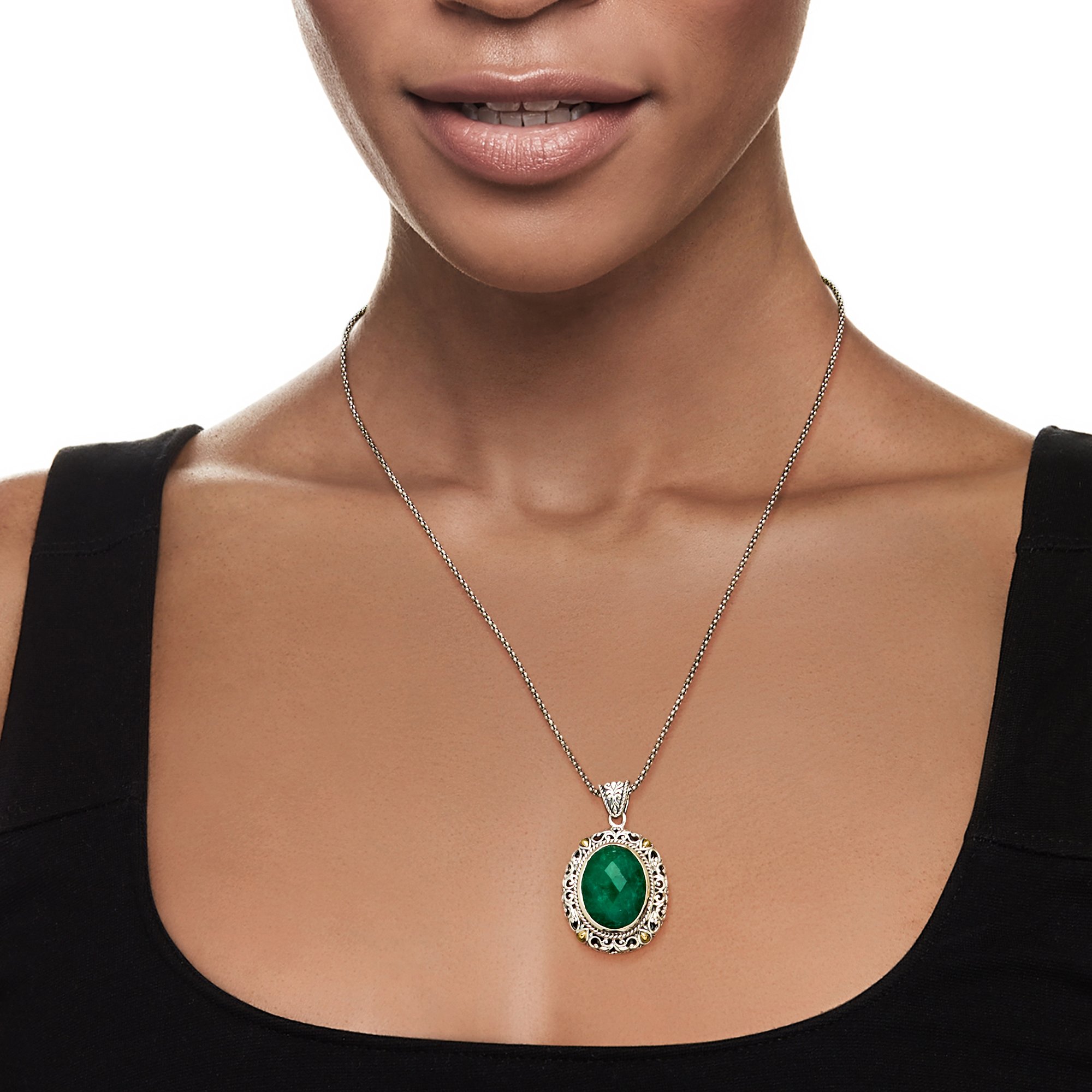 13.00 Carat Emerald Bali-Style Filigree Frame Pendant Necklace in Sterling  Silver with 18kt Yellow Gold. 18