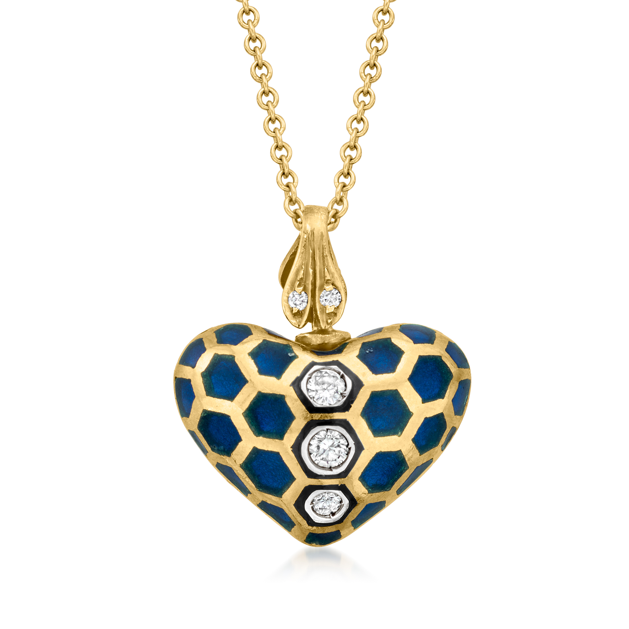C. 1990 Vintage .15 ct. t.w. Diamond Heart Necklace with Blue Enamel in  18kt Yellow Gold. 16" | Ross-Simons