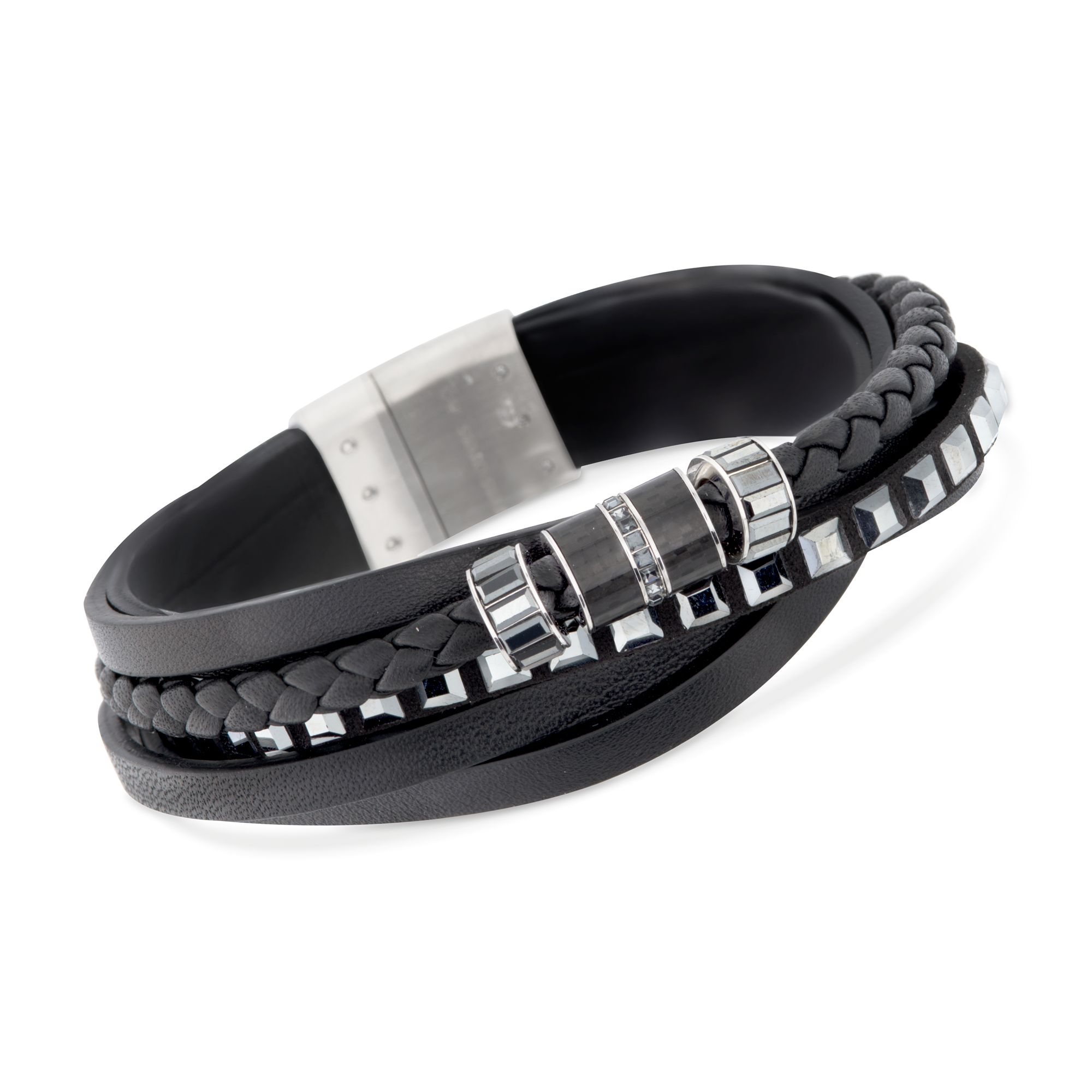 Swarovski Crystal Men's "Alto" Black Crystal and Leather Bracelet in  Stainless Steel | Ross-Simons