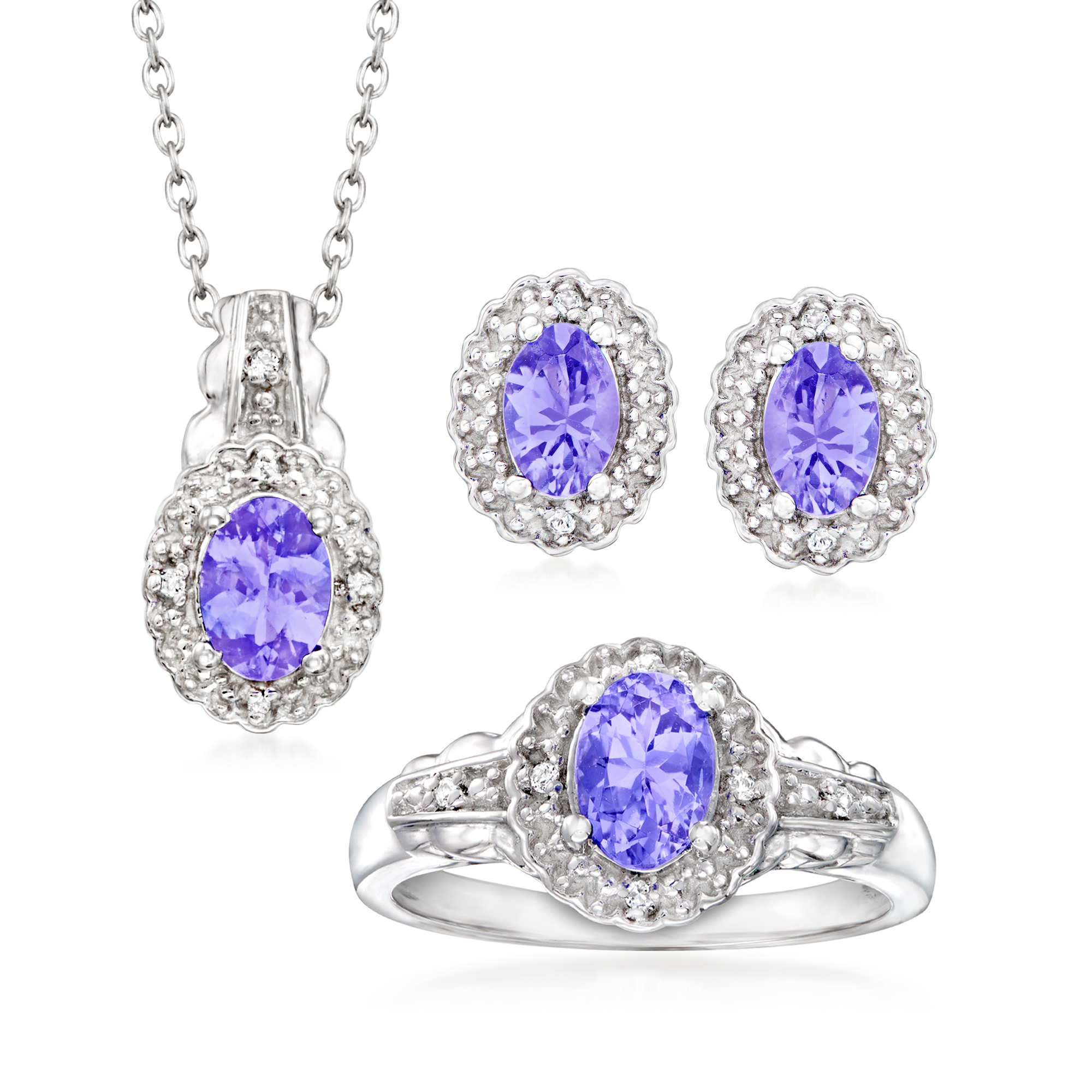 2.50 ct. t.w. Tanzanite and .10 ct. t.w. White Topaz Jewelry Set: Necklace,  Earrings and Ring in Sterling Silver | Ross-Simons