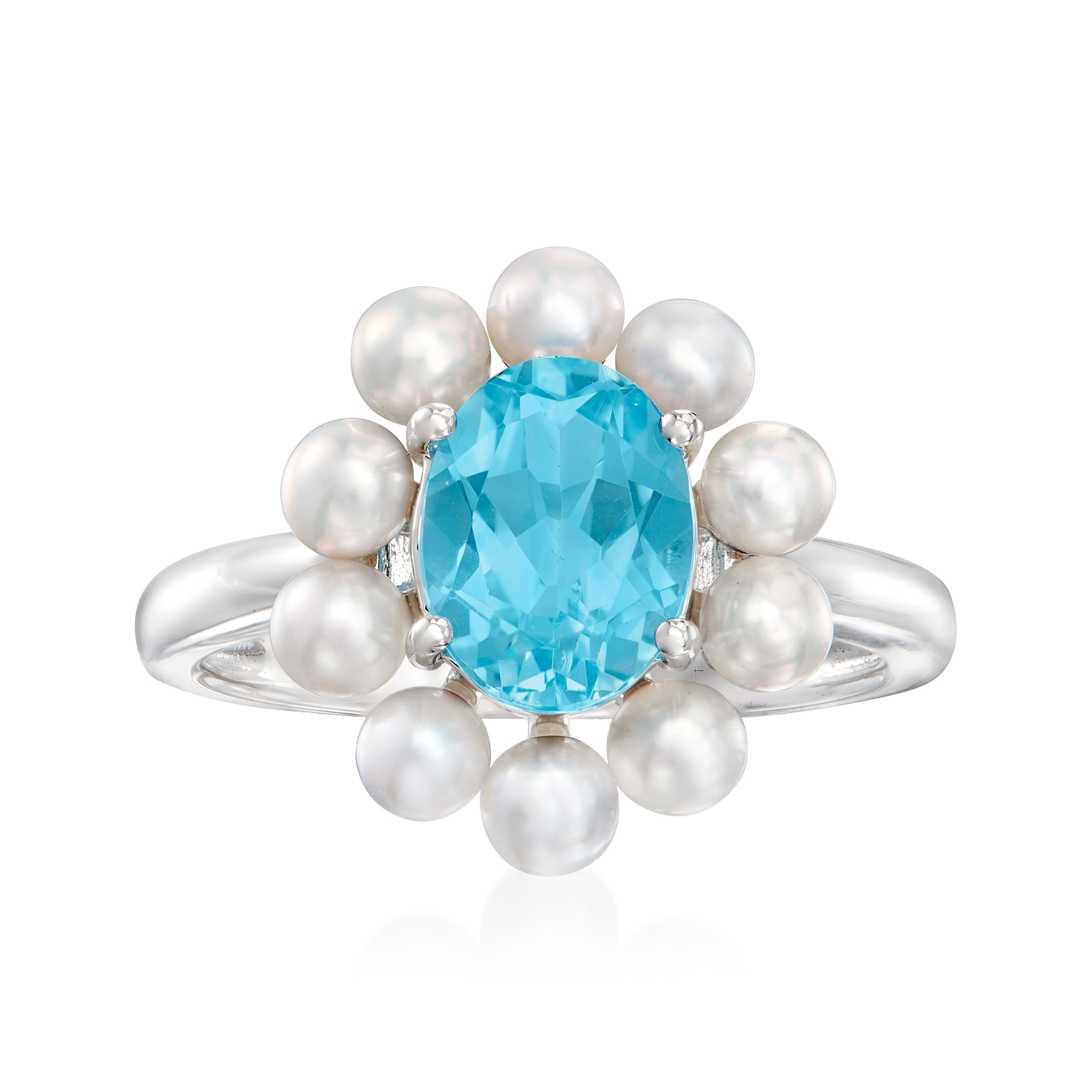 2.20 Carat Swiss Blue Topaz and 3mm Cultured Pearl Ring in Sterling Silver  | Ross-Simons