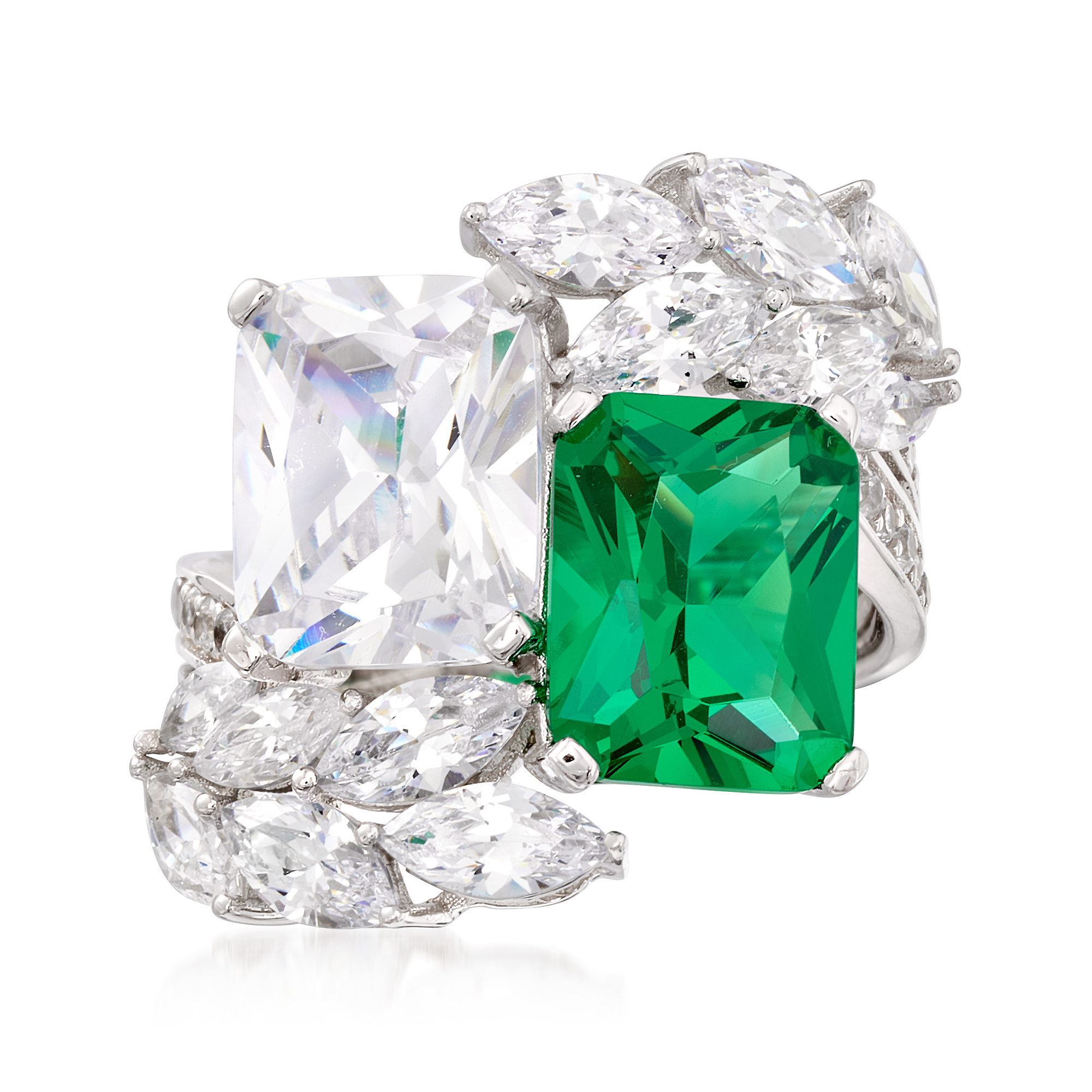 Simulated Emerald and 6.85 ct. t.w. CZ Ring in Sterling Silver | Ross-Simons