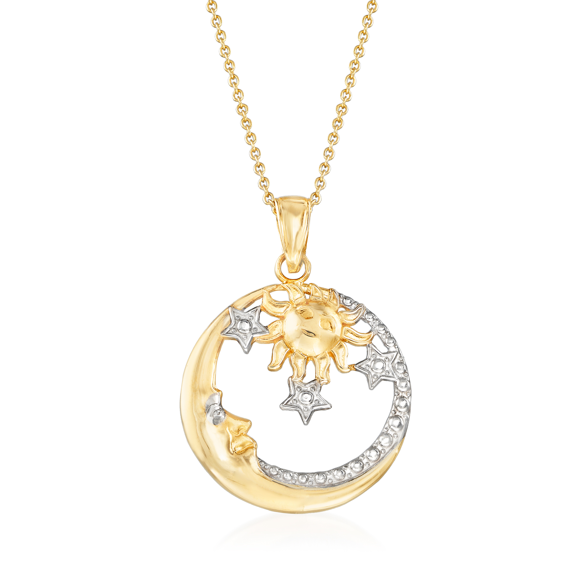 14kt Two-Tone Gold Sun, Moon and Stars Pendant Necklace | Ross-Simons