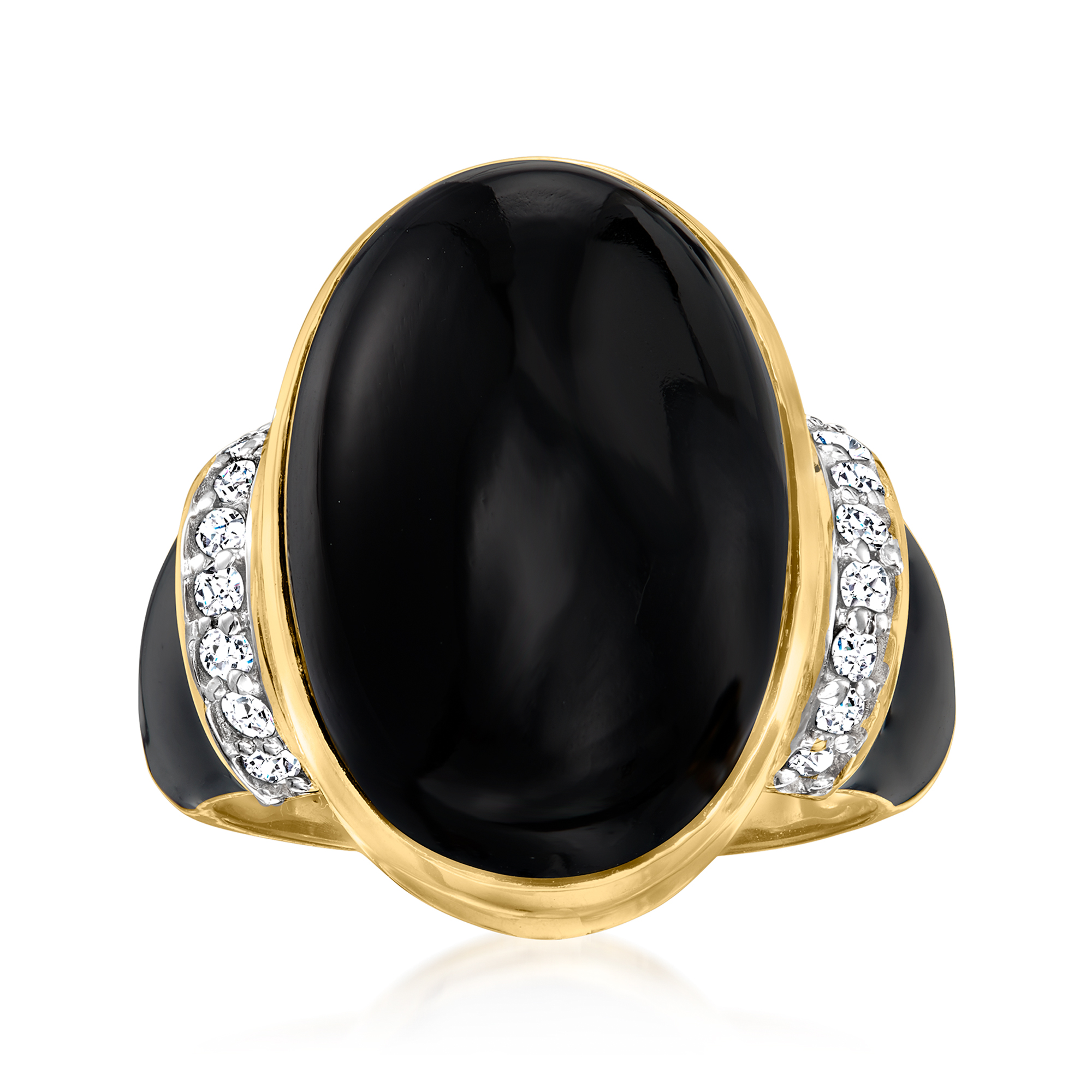 Black Onyx and .21 ct. t.w. Diamond Ring with Black Enamel in 18kt Gold  Over Sterling | Ross-Simons