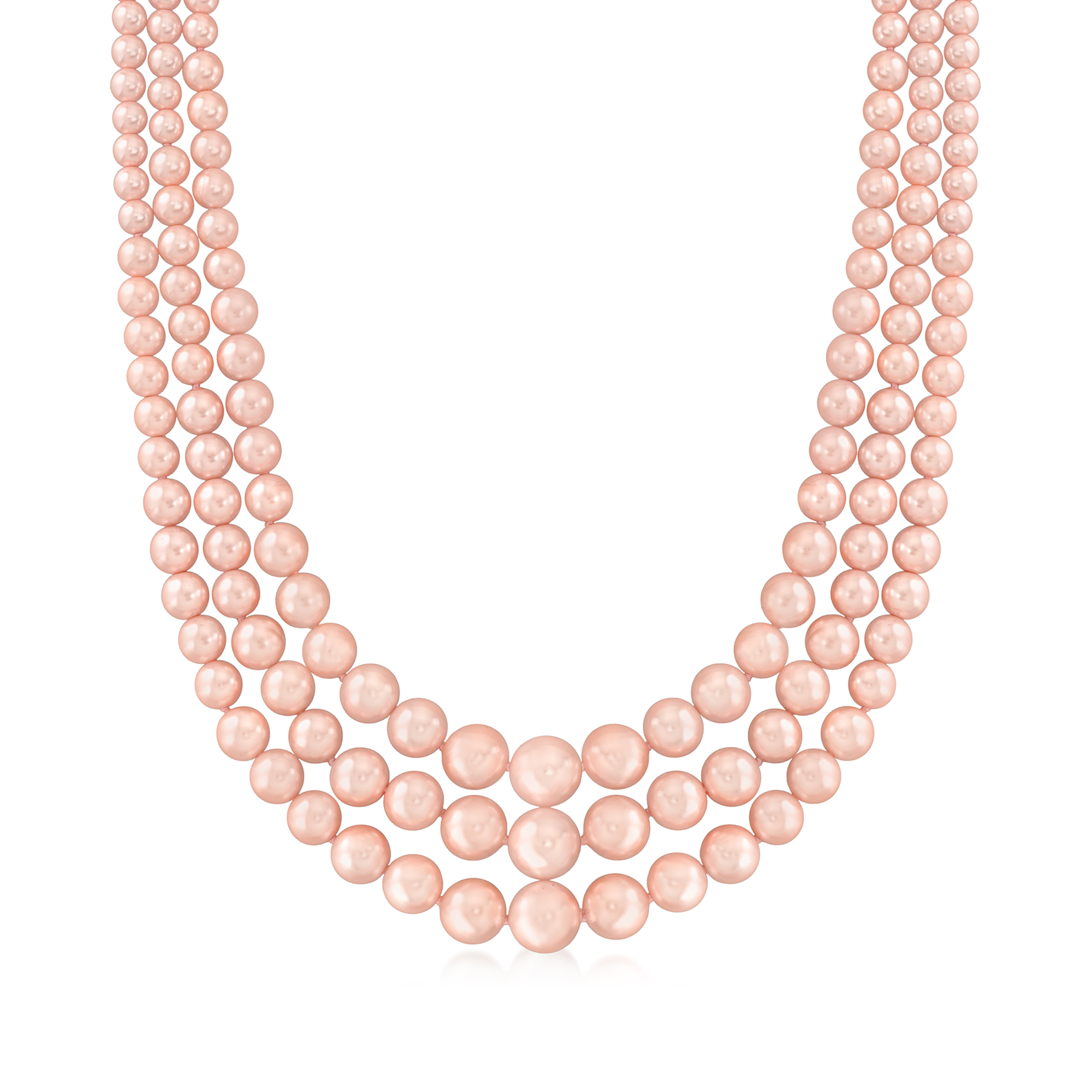 6-12mm Pink Shell Pearl Three-Strand Necklace with Sterling Silver. 18