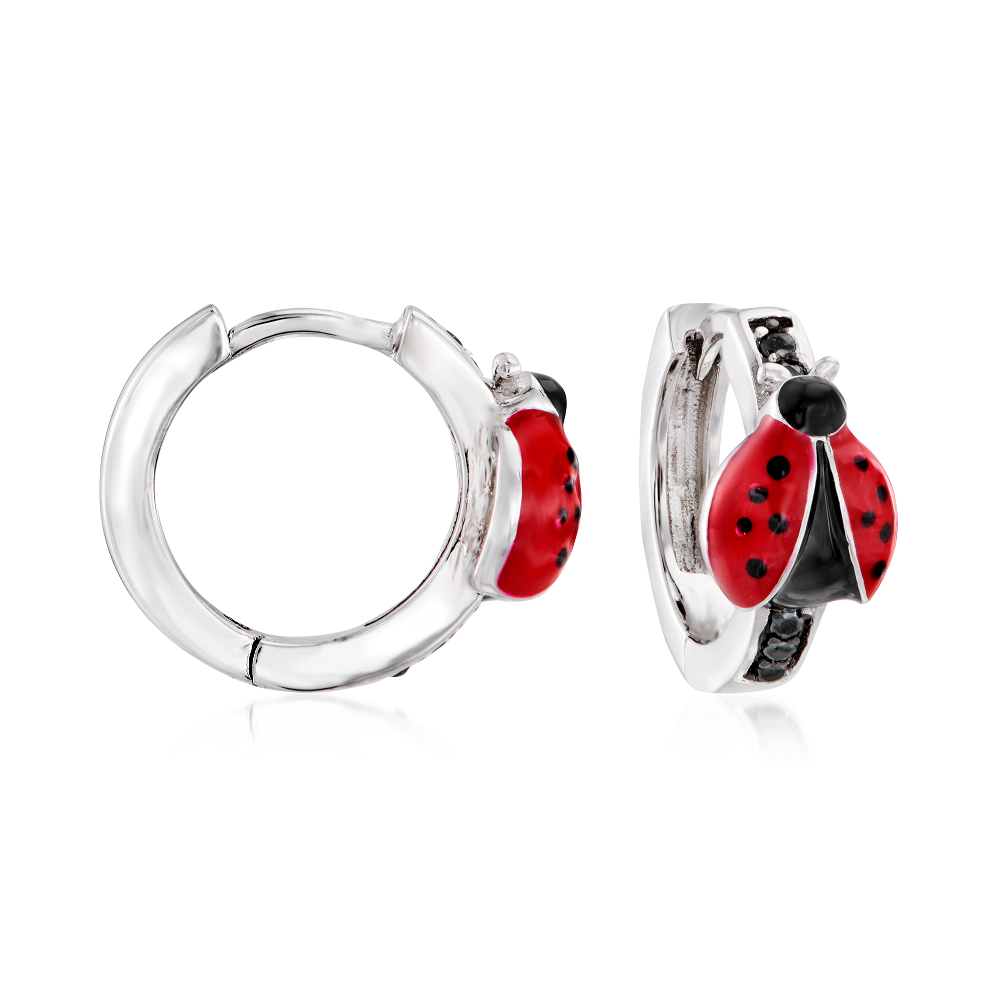 .10 ct. t.w. Black Spinel and Enamel Ladybug Huggie Hoop Earrings in  Sterling Silver | Ross-Simons