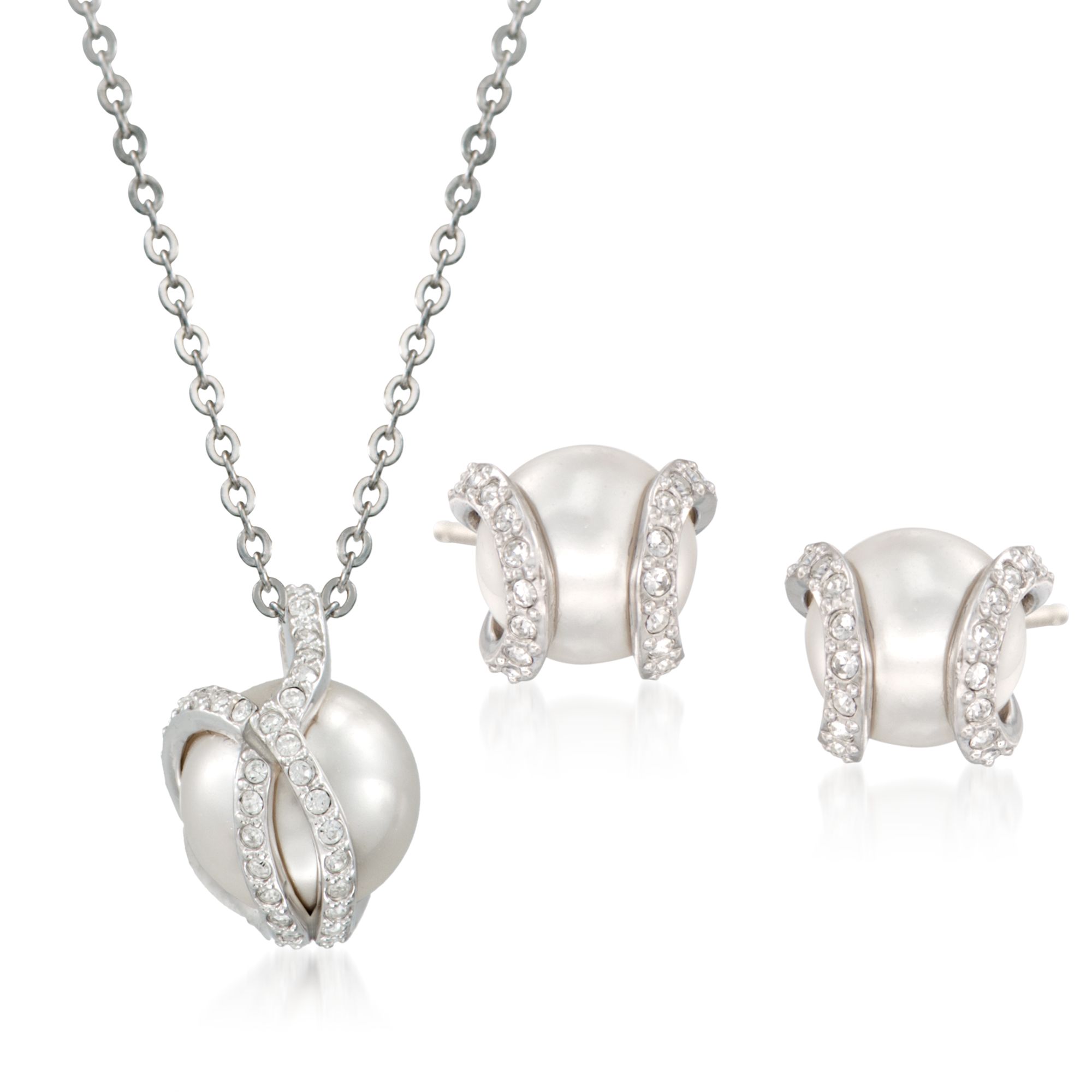 Swarovski Crystal "Nude" 8-10mm Simulated Pearl and Crystal Jewelry Set:  Earrings and Necklace in Silvertone | Ross-Simons