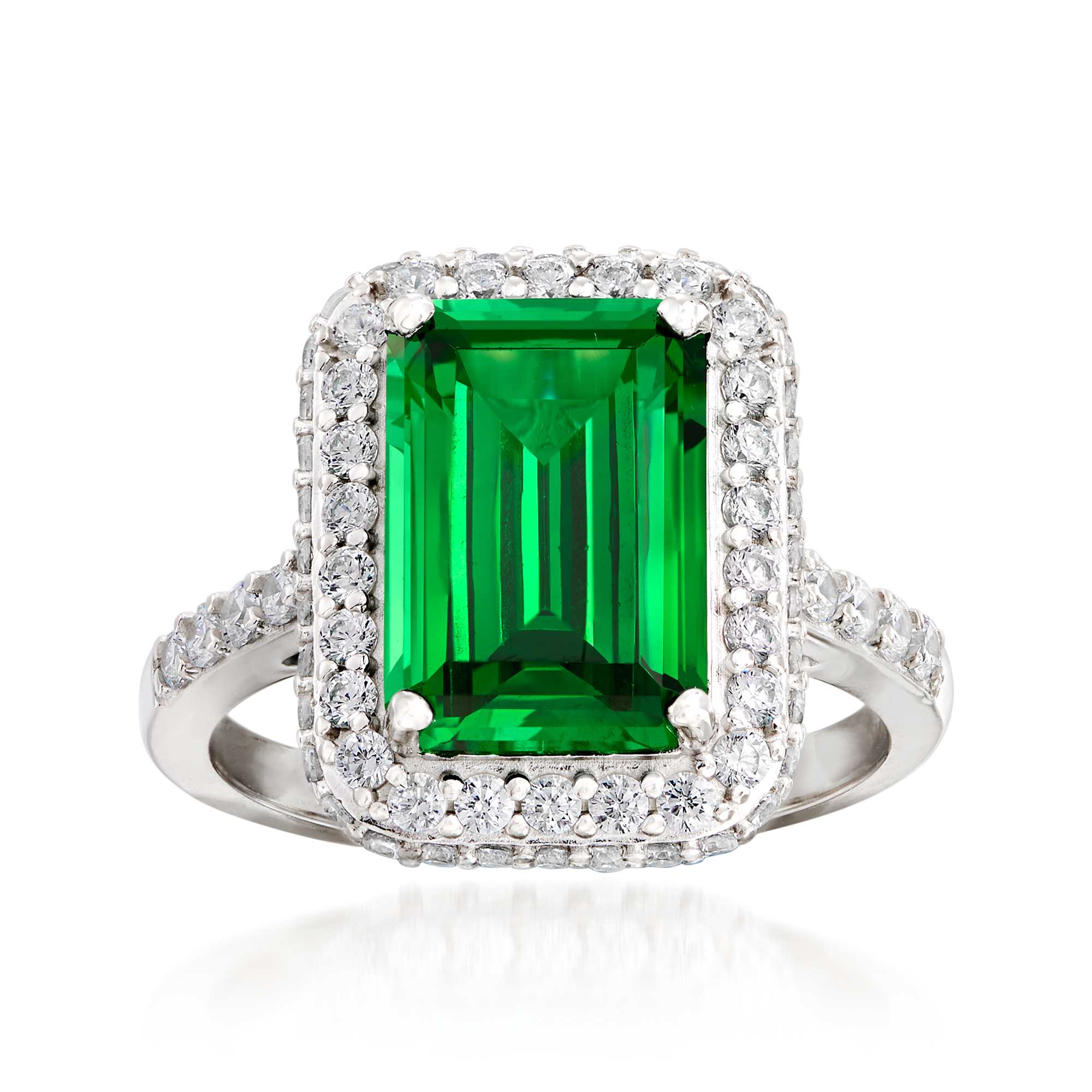 Emerald-Cut Simulated Emerald and .85 ct. t.w. CZ Ring in Sterling Silver |  Ross-Simons