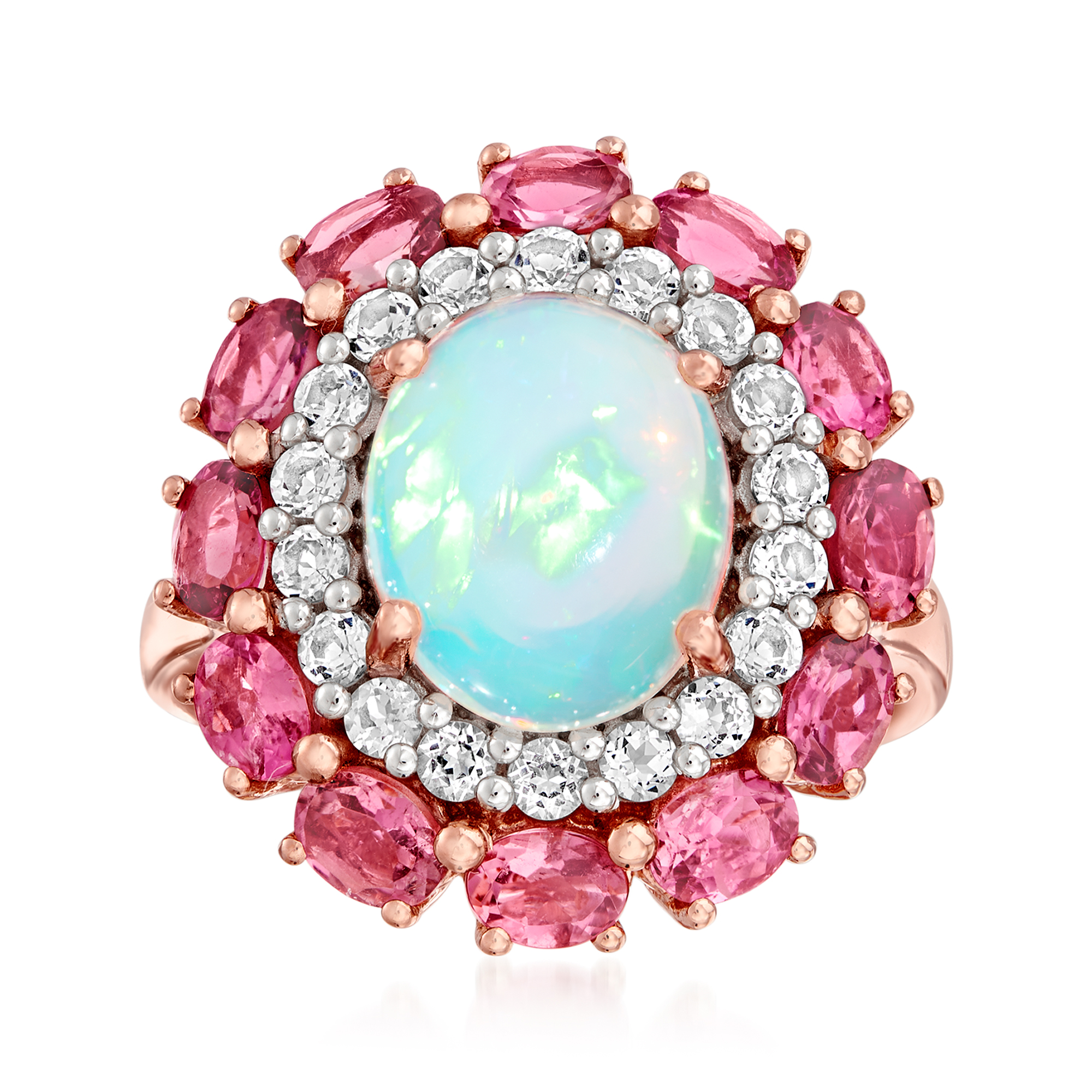 Opal, 1.50 ct. t.w. Pink Tourmaline and .60 ct. t.w. White Topaz Ring in  18kt Rose Gold Over Sterling | Ross-Simons