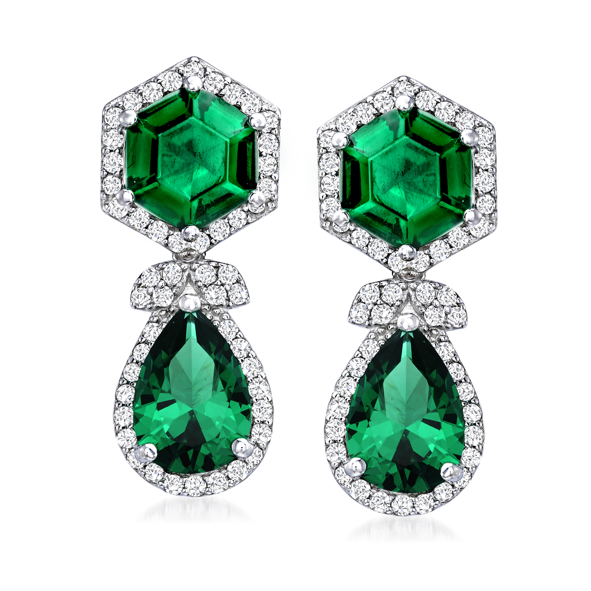 6.60 ct. t.w. Simulated Emerald and .80 ct. t.w. CZ Drop Earrings