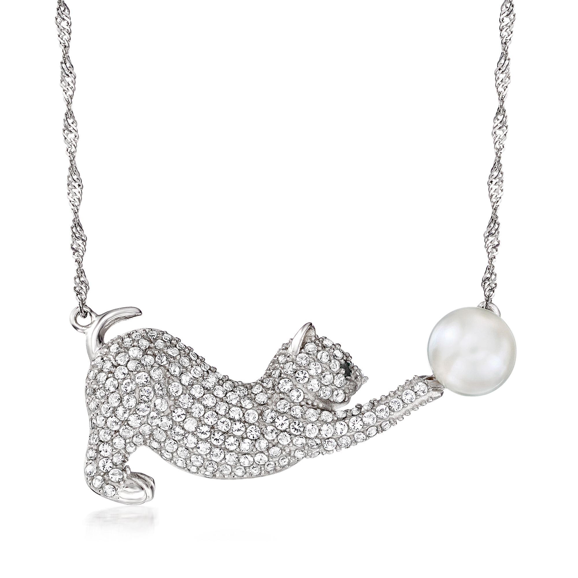 8mm Cultured Pearl and 1.80 ct. t.w. White Topaz Cat Necklace in Sterling  Silver with Black Spinel Accent | Ross-Simons