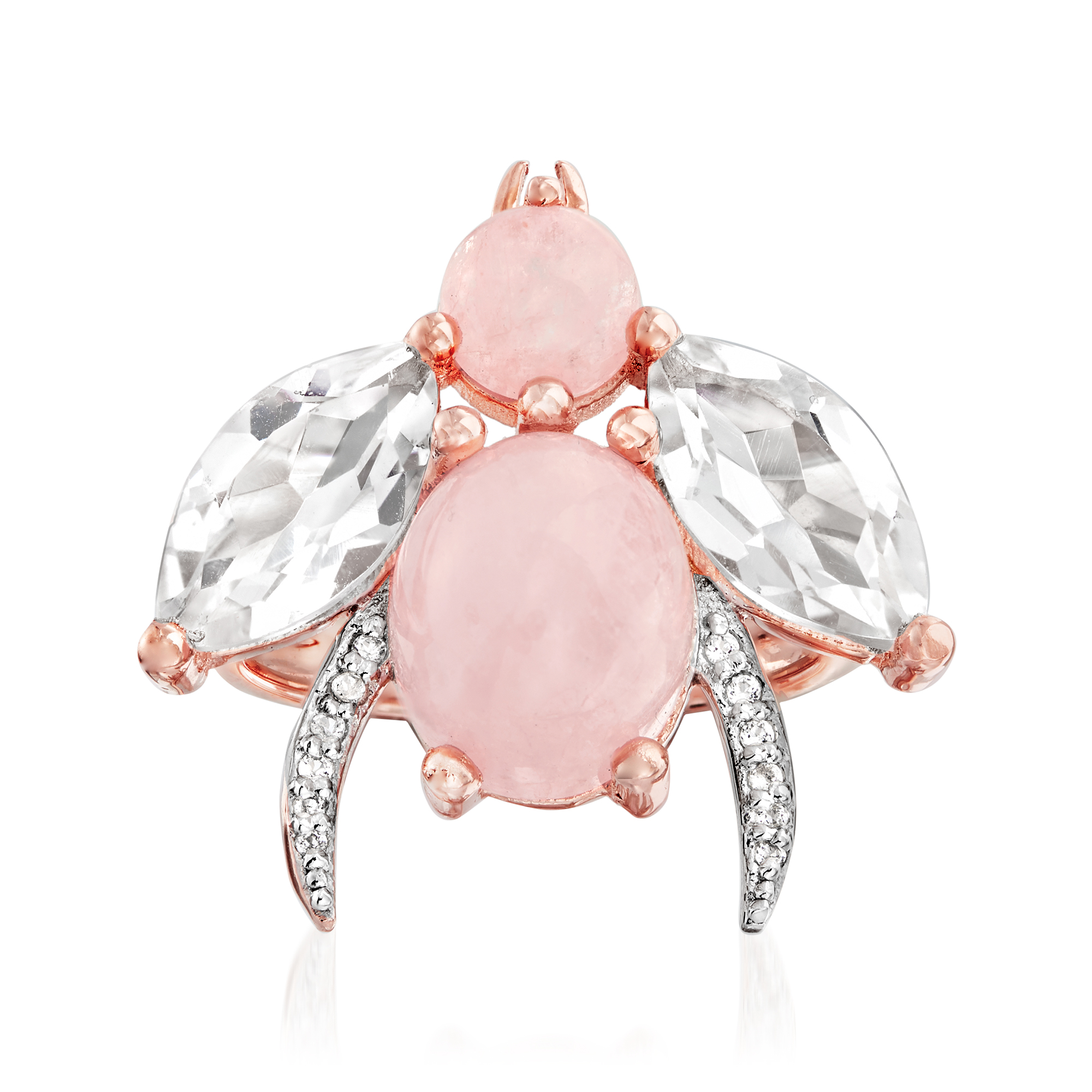 5.50 ct. t.w. Morganite and Rock Crystal Bug Ring with White Topaz Accents  in 18kt Rose Gold Over Sterling | Ross-Simons