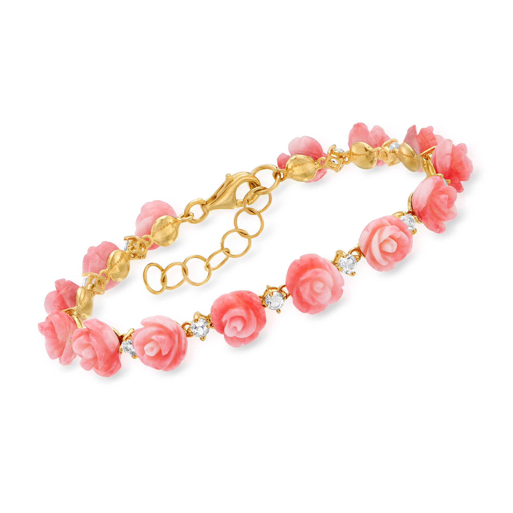 Pink Coral and 1.40 ct. t.w. White Topaz Rose Bracelet in 18kt Gold Over  Sterling | Ross-Simons