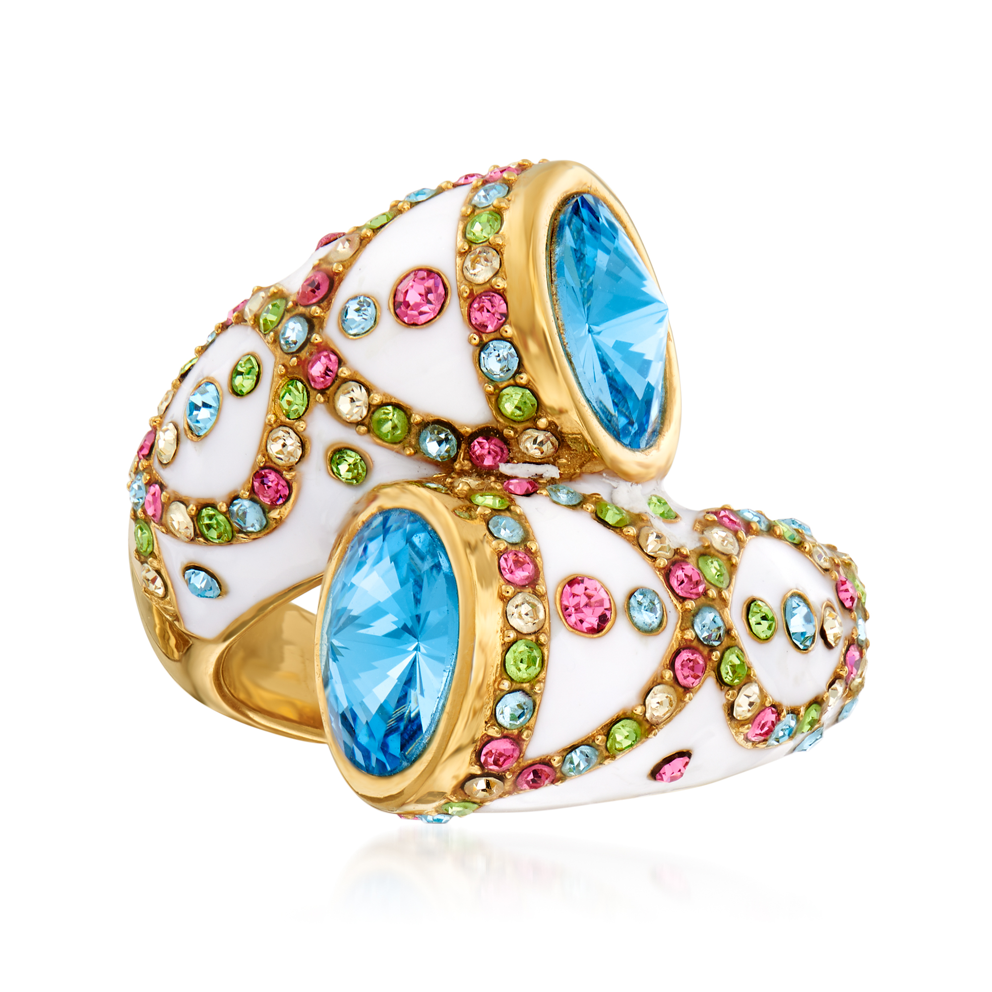 Multicolored Crystal and Blue Swarovski Crystal Ring with White Enamel in  18kt Gold Over Sterling | Ross-Simons