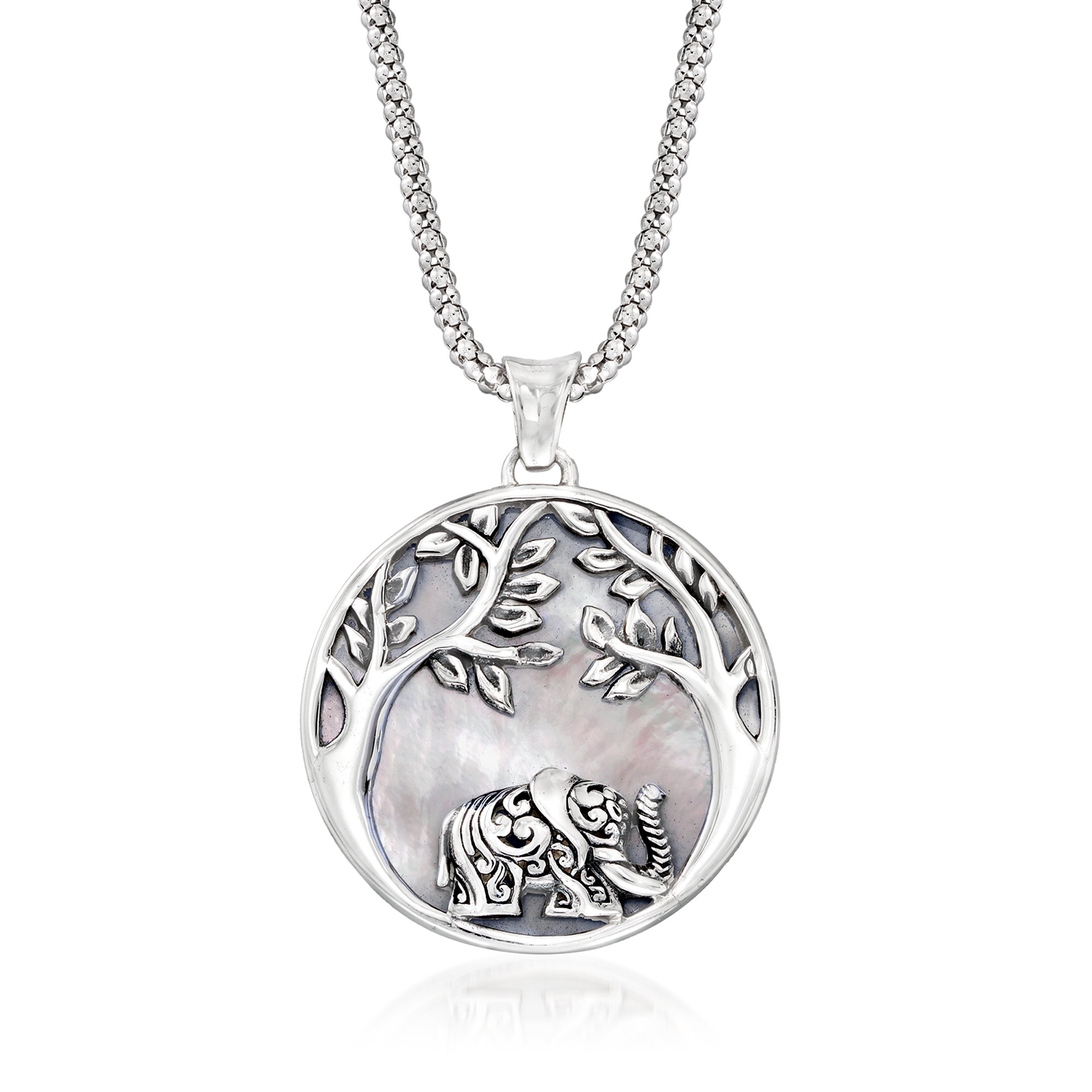 Mother-Of-Pearl Elephant-Scene Pendant Necklace in Sterling Silver. 18" |  Ross-Simons