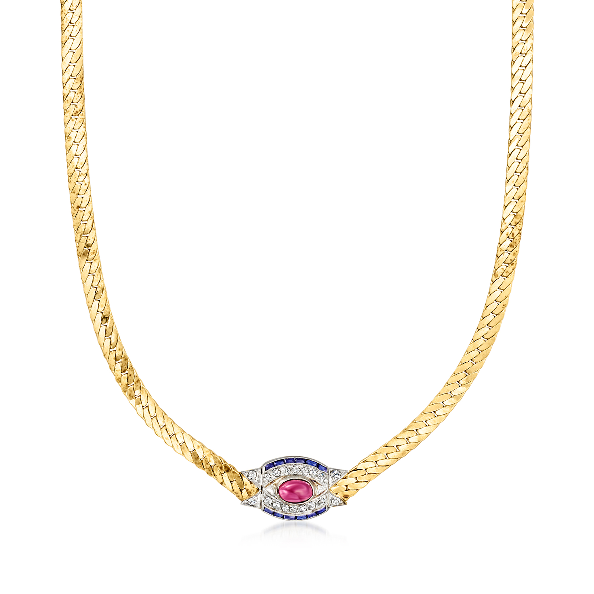 C. 1980 Vintage 1.80 Carat Ruby, .45 ct. t.w. Diamond and .15 ct. t.w.  Sapphire Cuban-Link Necklace in 14kt Yellow Gold and Platinum. 14.5