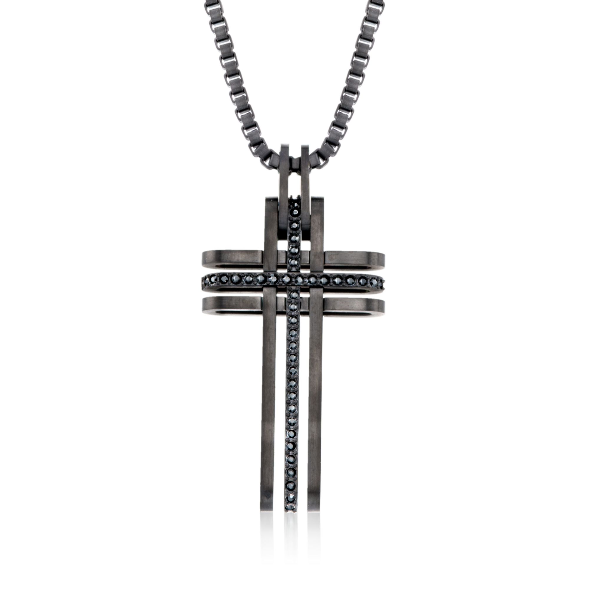 Swarovski Crystal Men's "Bengal" Black Crystal Cross Pendant Necklace in  Black Silvertone | Ross-Simons