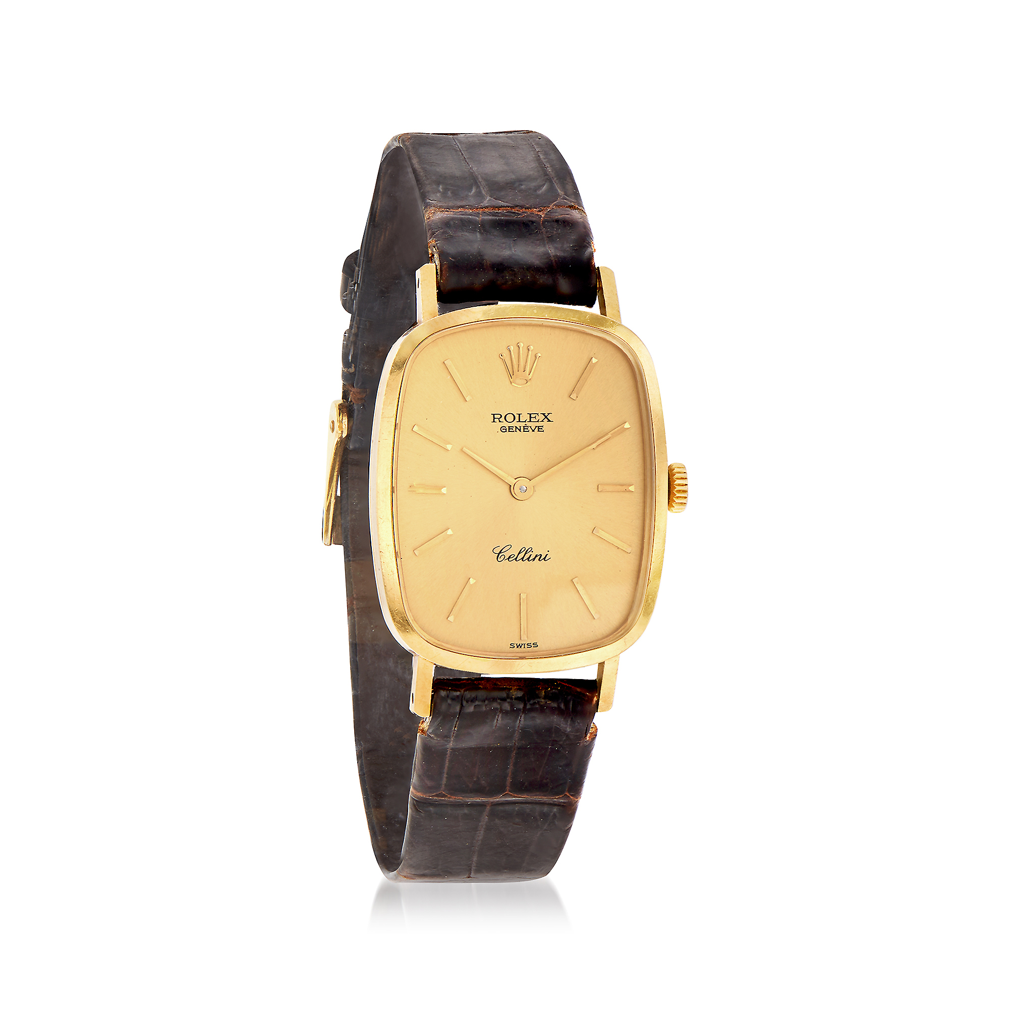 C. 1970 Vintage Rolex Cellini Women's 22mm Manual Watch with Black Leather  in 18kt Yellow Gold | Ross-Simons