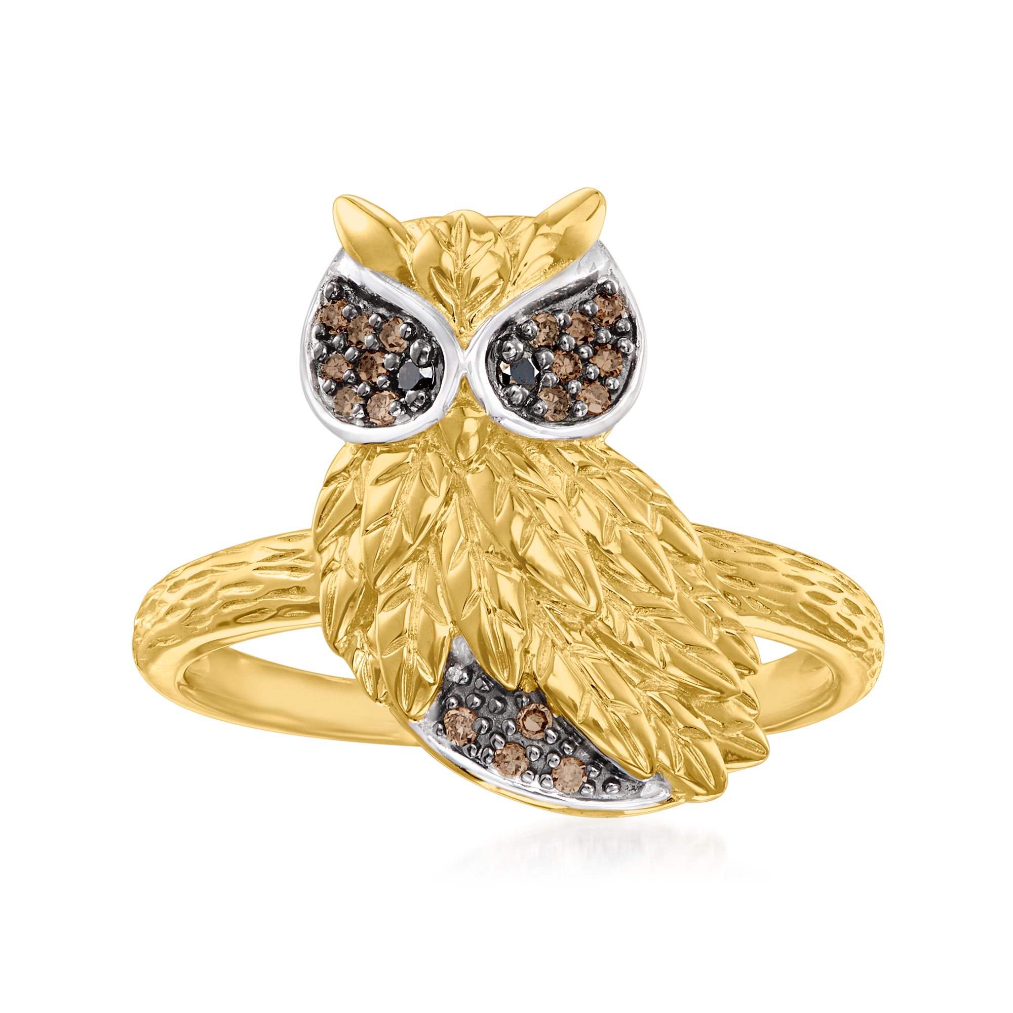 Black and Brown Diamond-Accented Owl Ring in 18kt Gold Over Sterling |  Ross-Simons