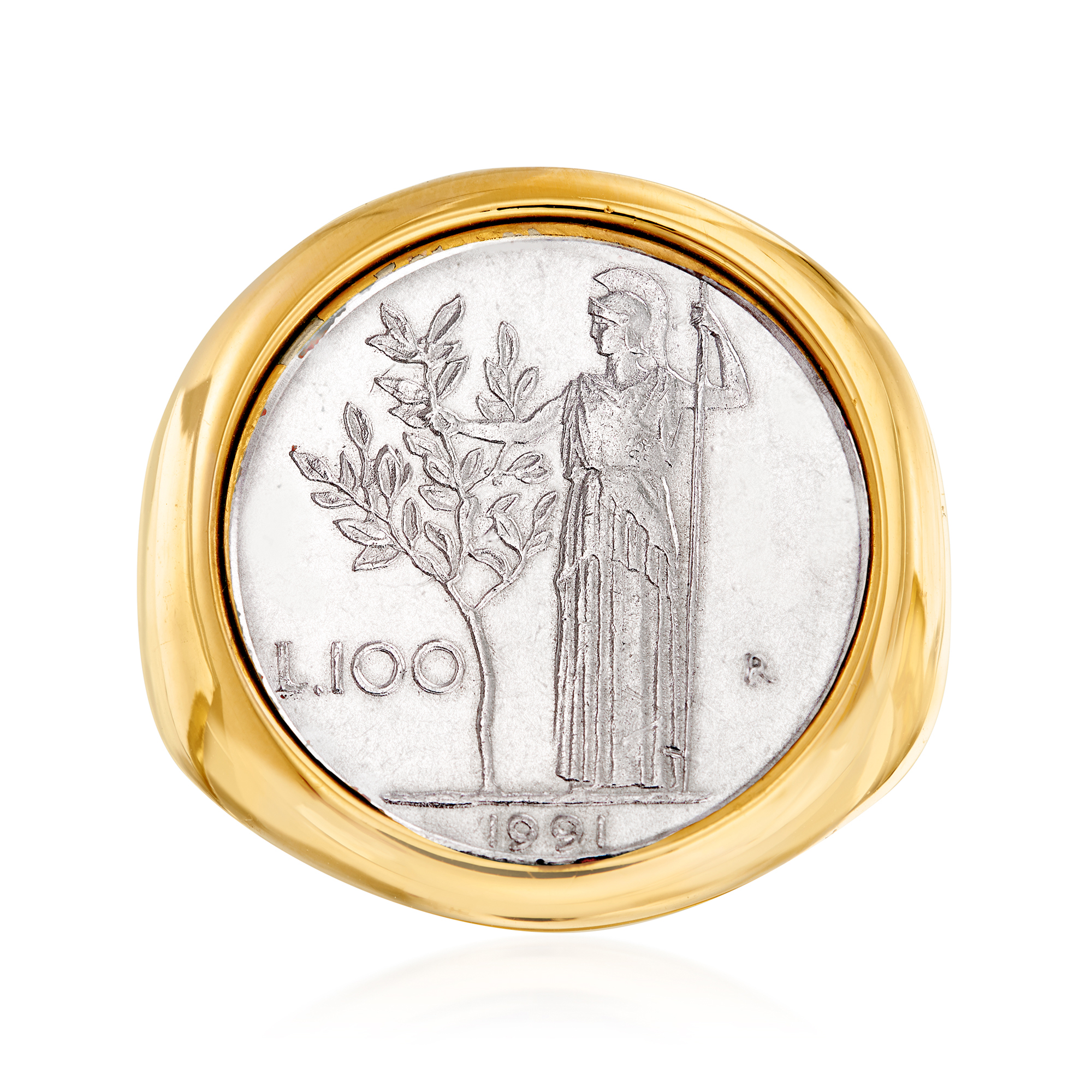 Italian Andiamo 14kt Yellow Gold Over Resin 100-Lira Coin Ring | Ross-Simons